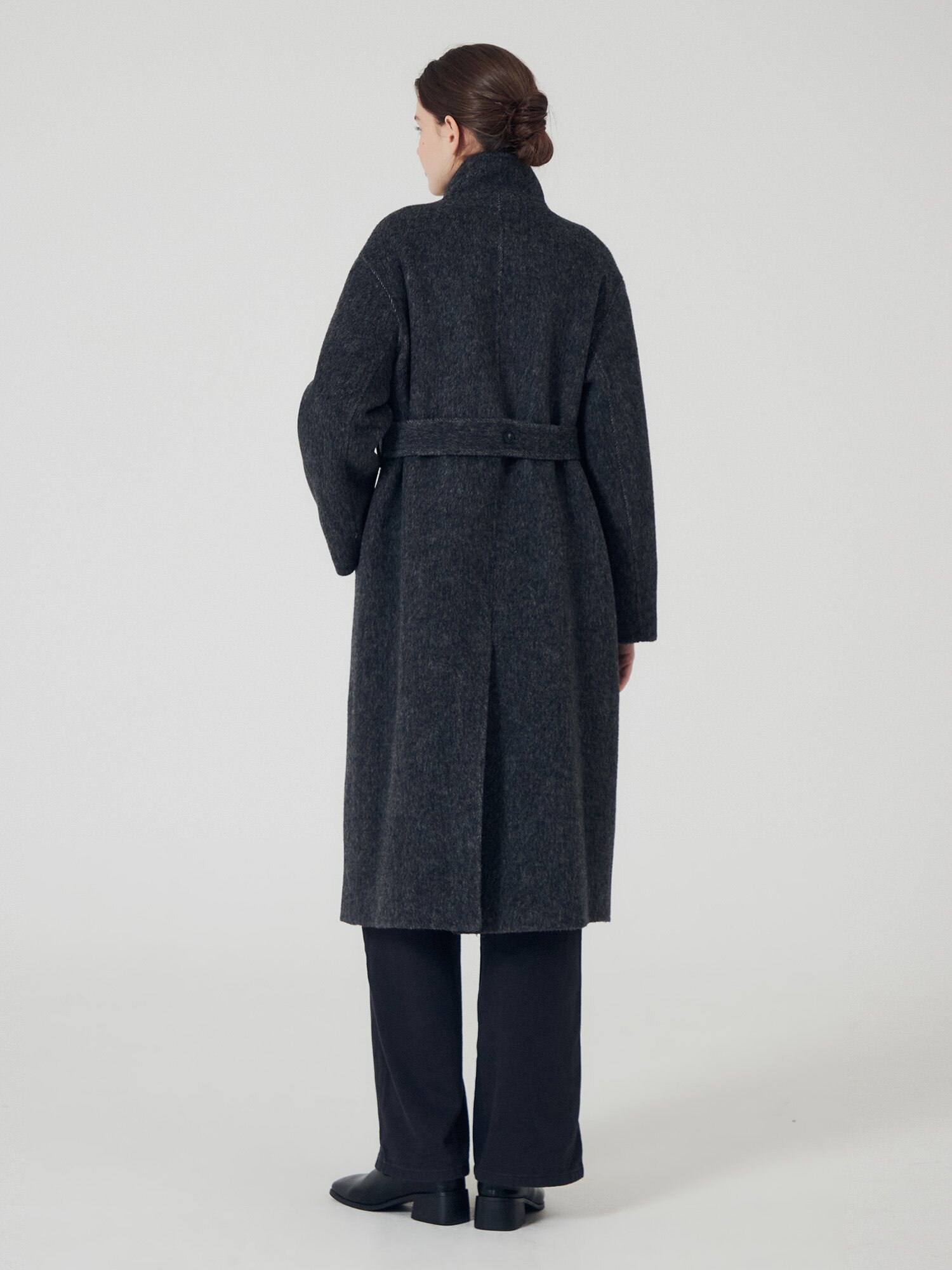 울 알파카 하이넥 벨티드 롱 코트 (DARK GREY)