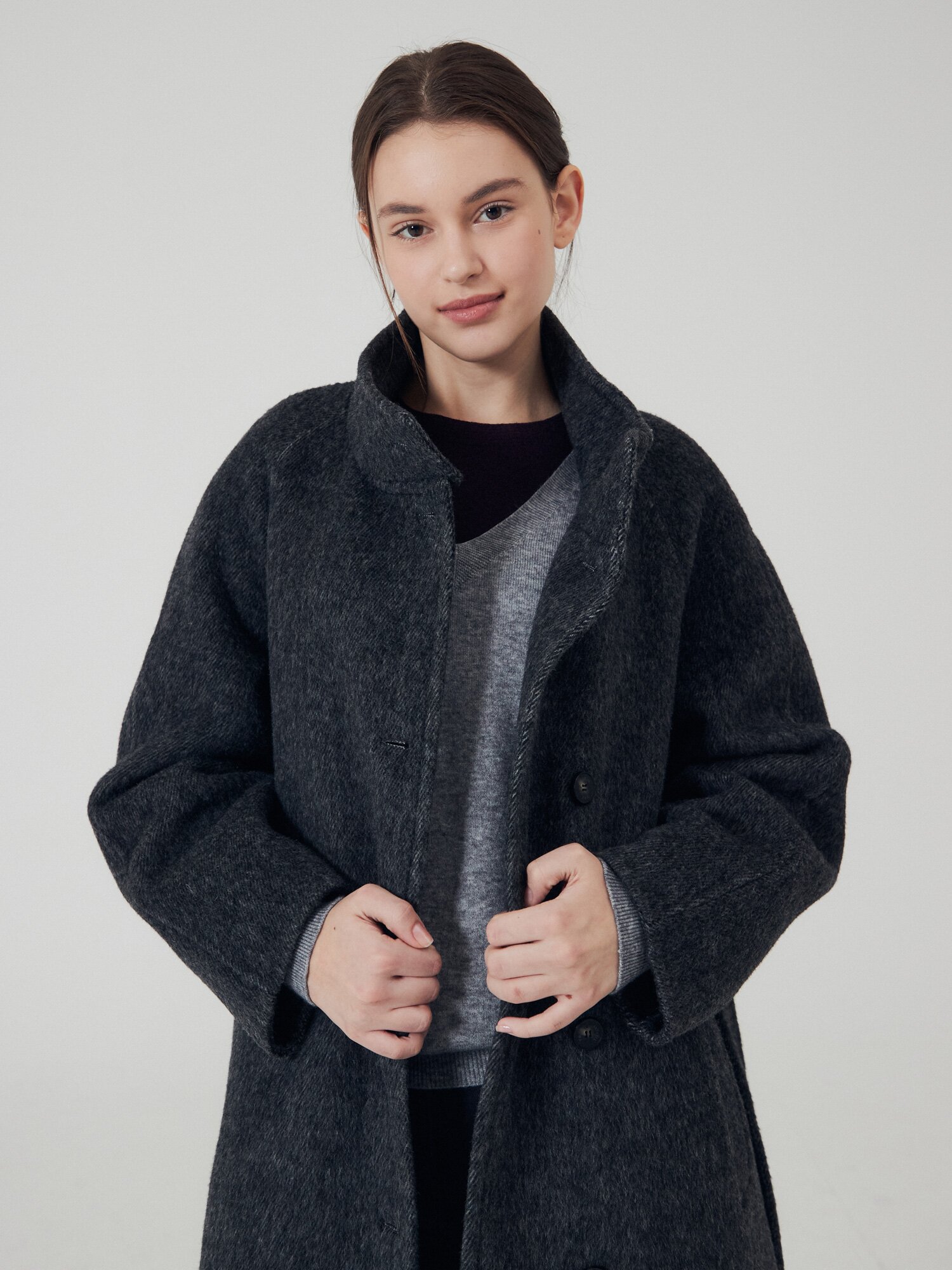 울 알파카 하이넥 벨티드 롱 코트 (DARK GREY)