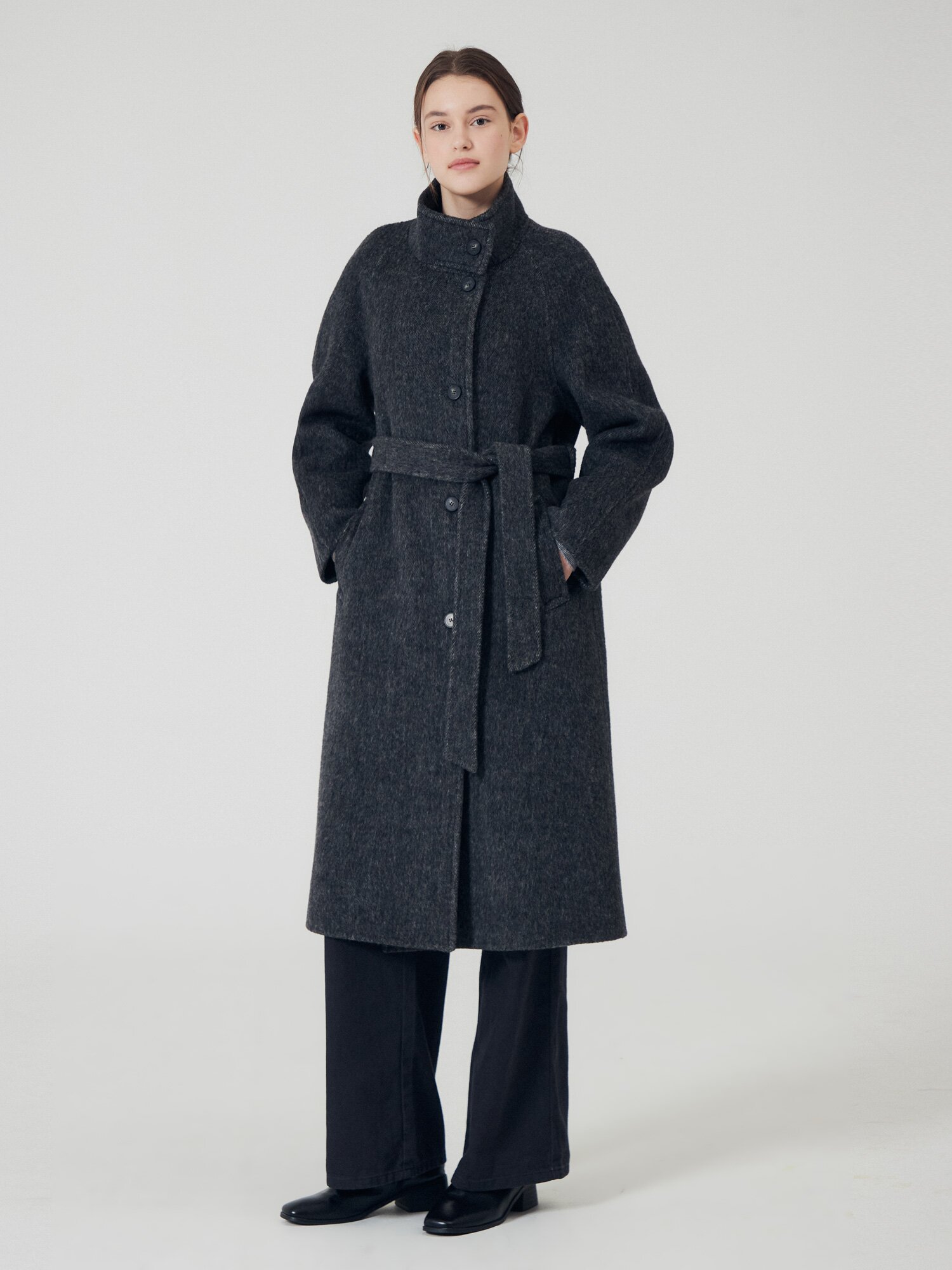 울 알파카 하이넥 벨티드 롱 코트 (DARK GREY)