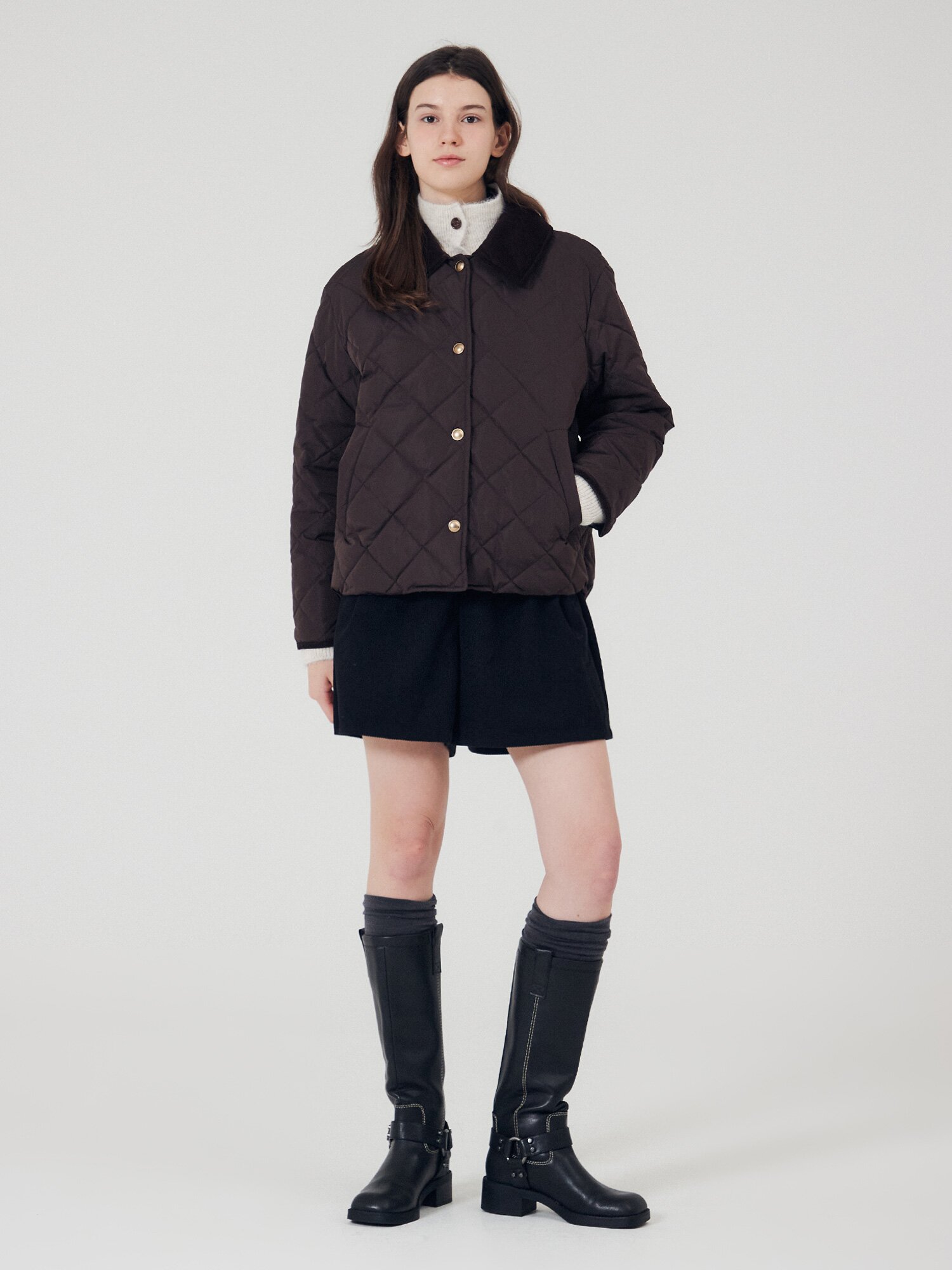 덕 다운 퀼팅 코듀로이 칼라 점퍼 (BROWN)