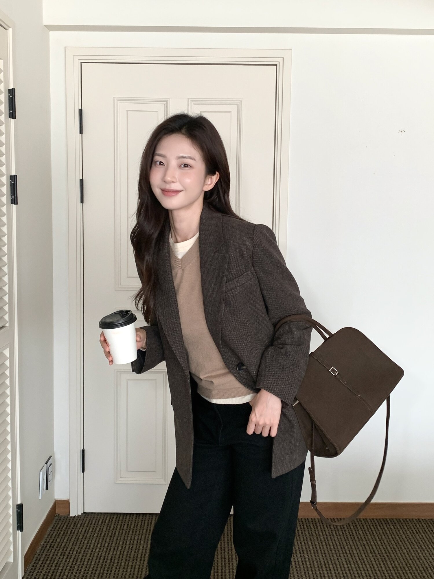 울 체크 테일러드 싱글 투버튼 재킷 (CHECK BROWN)