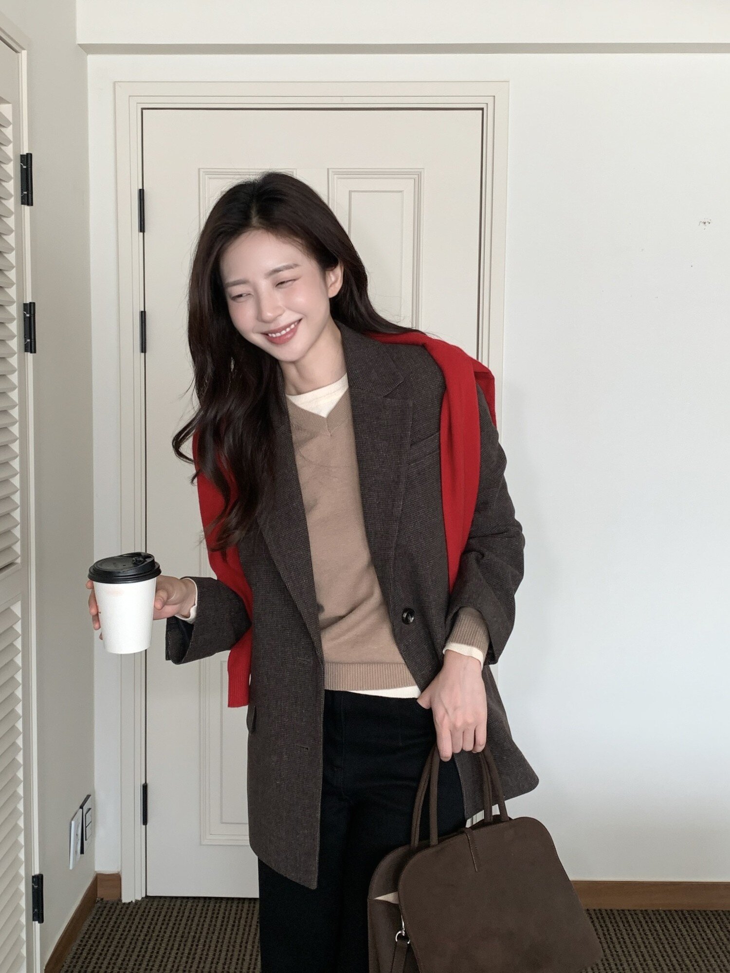 울 체크 테일러드 싱글 투버튼 재킷 (CHECK BROWN)