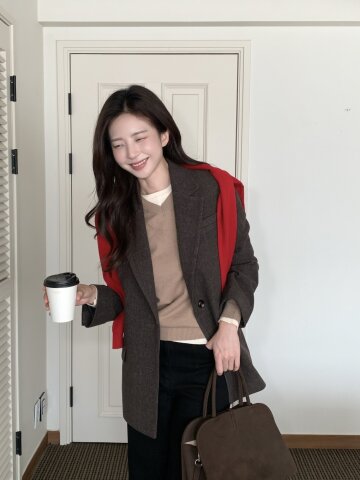 울 체크 테일러드 싱글 투버튼 재킷 (CHECK BROWN)