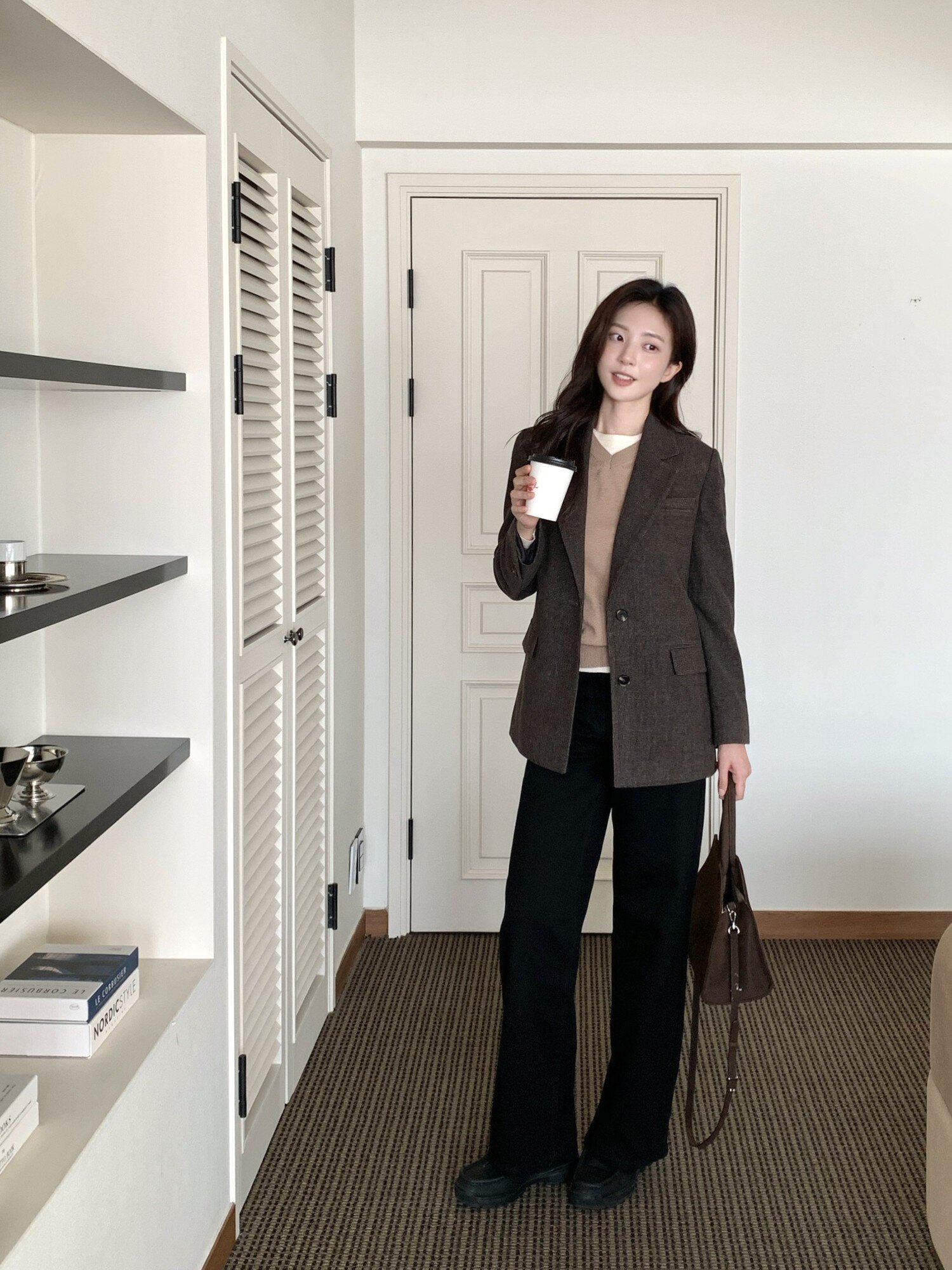 울 체크 테일러드 싱글 투버튼 재킷 (CHECK BROWN)