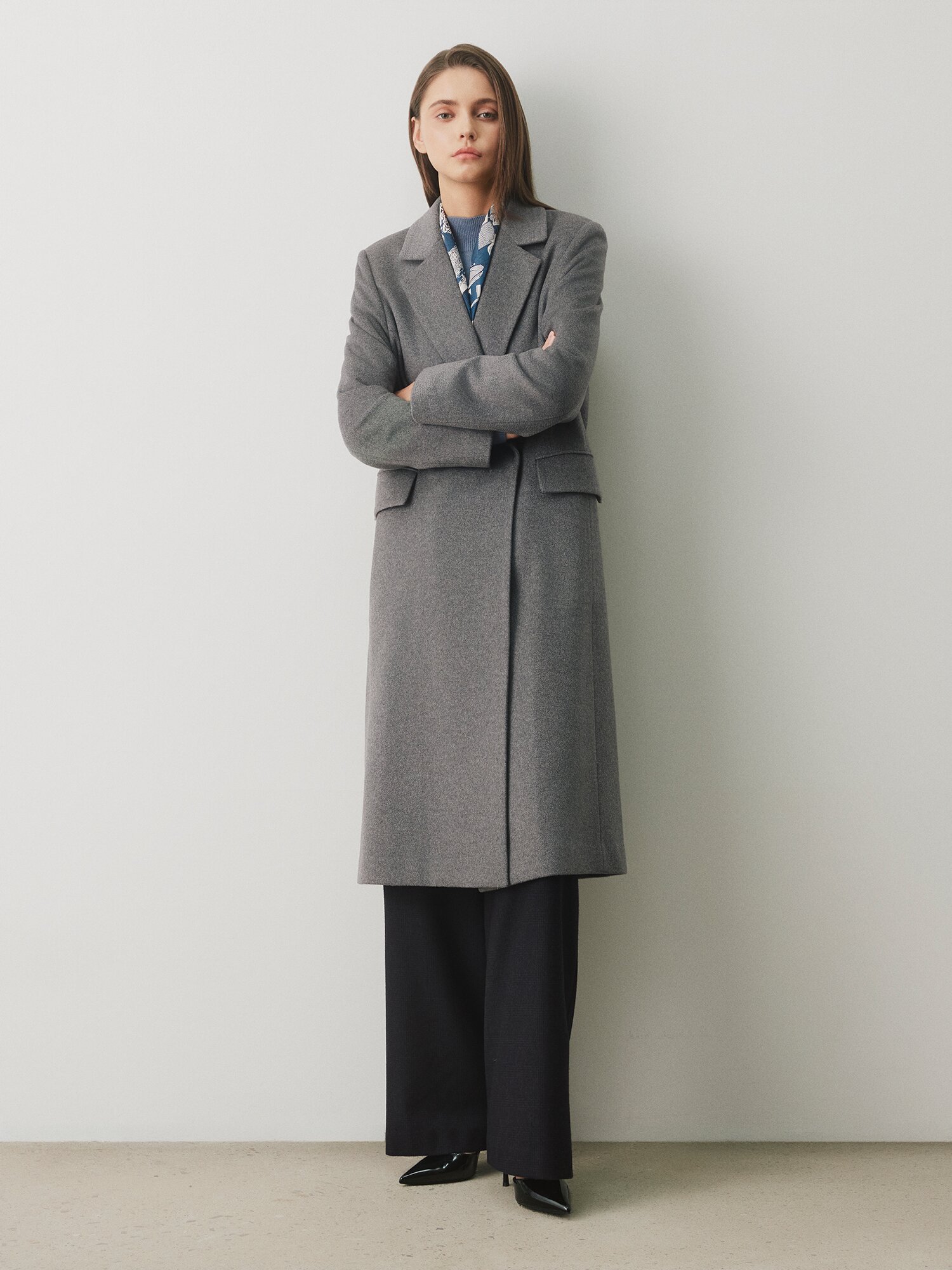 캐시미어 더블 히든 버튼 롱 코트 (GREY)