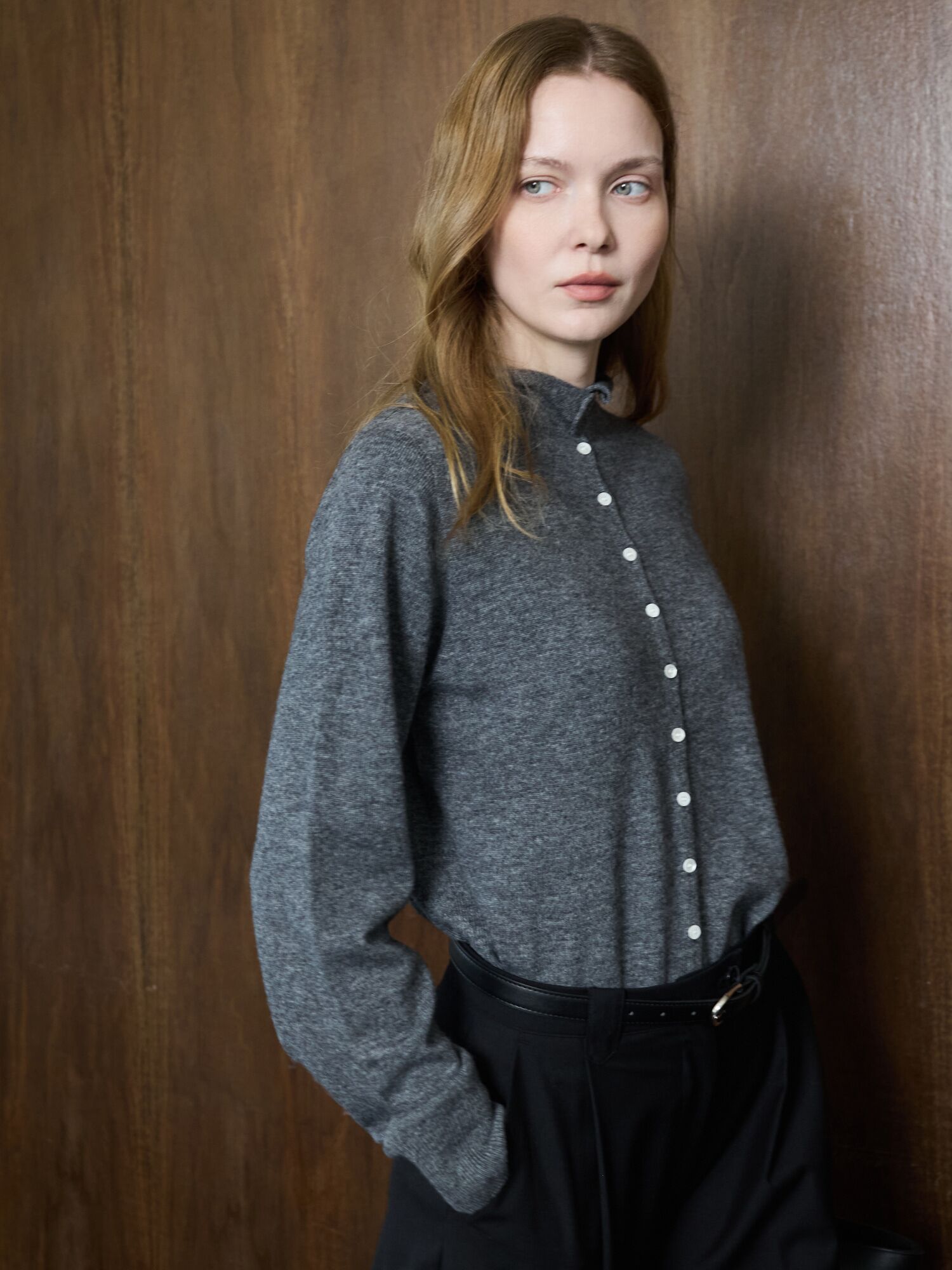 Mock Neck Cardigan_Charcoal