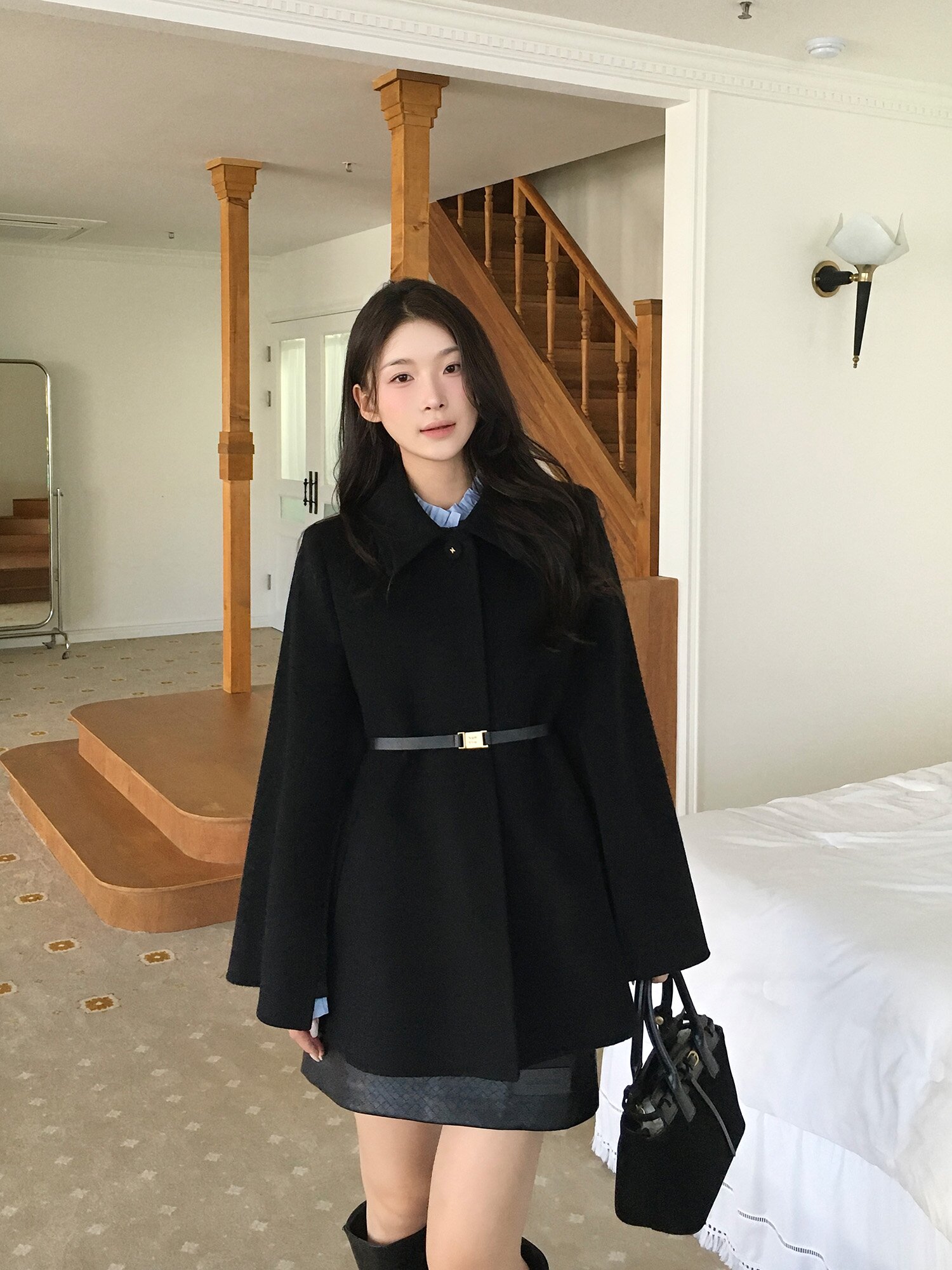 울 케이프 하프 핸드메이드 코트 (BLACK)