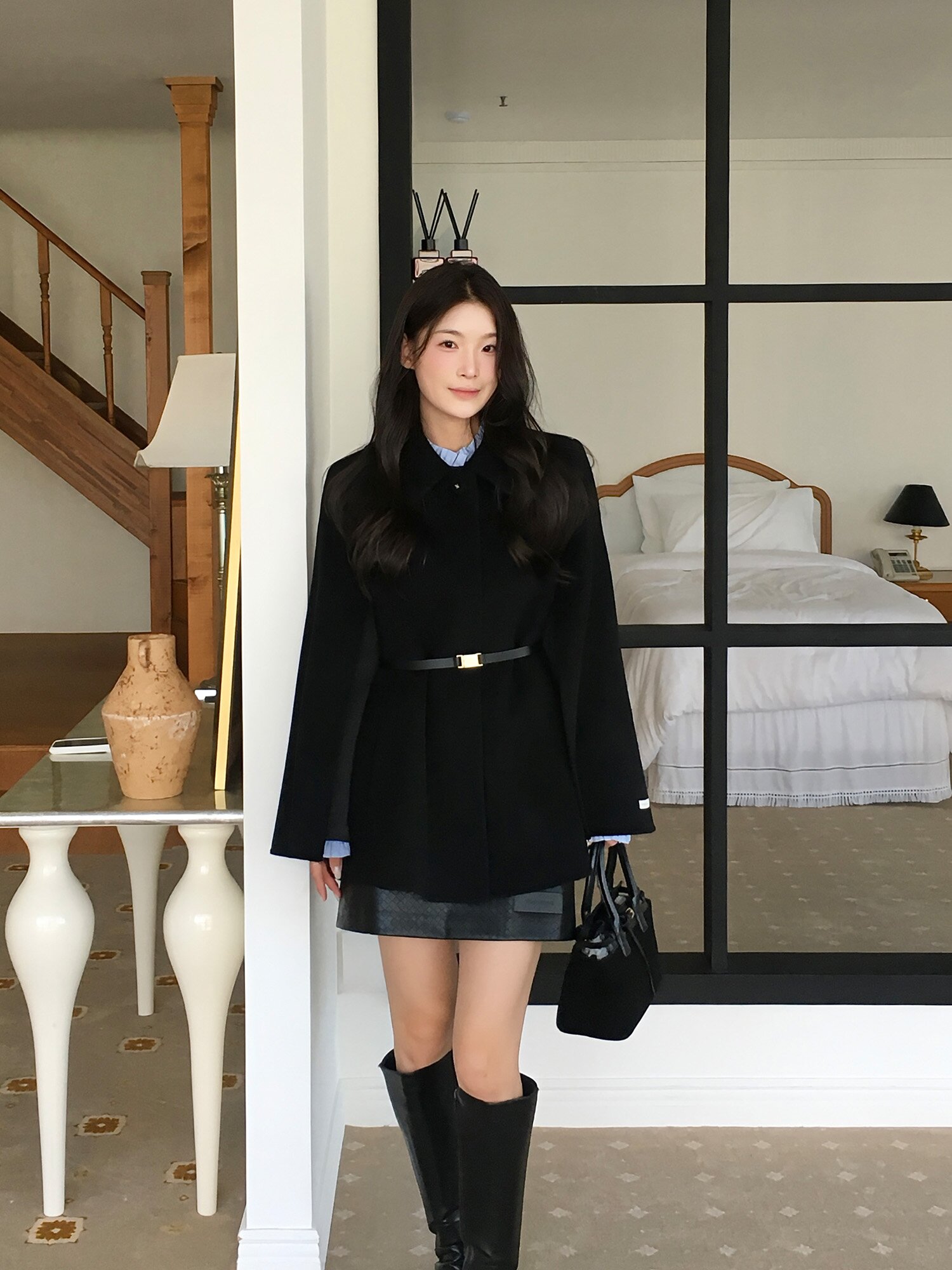 울 케이프 하프 핸드메이드 코트 (BLACK)