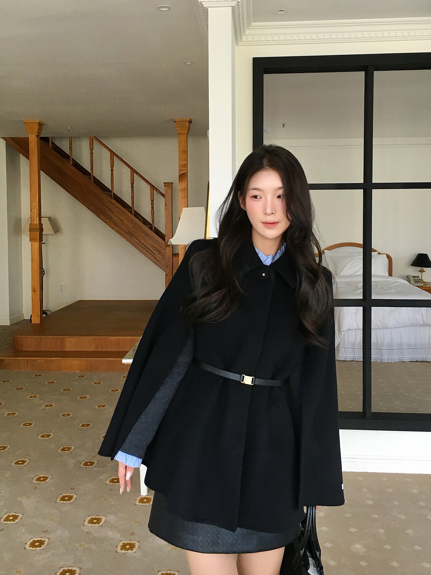 울 케이프 하프 핸드메이드 코트 (BLACK)