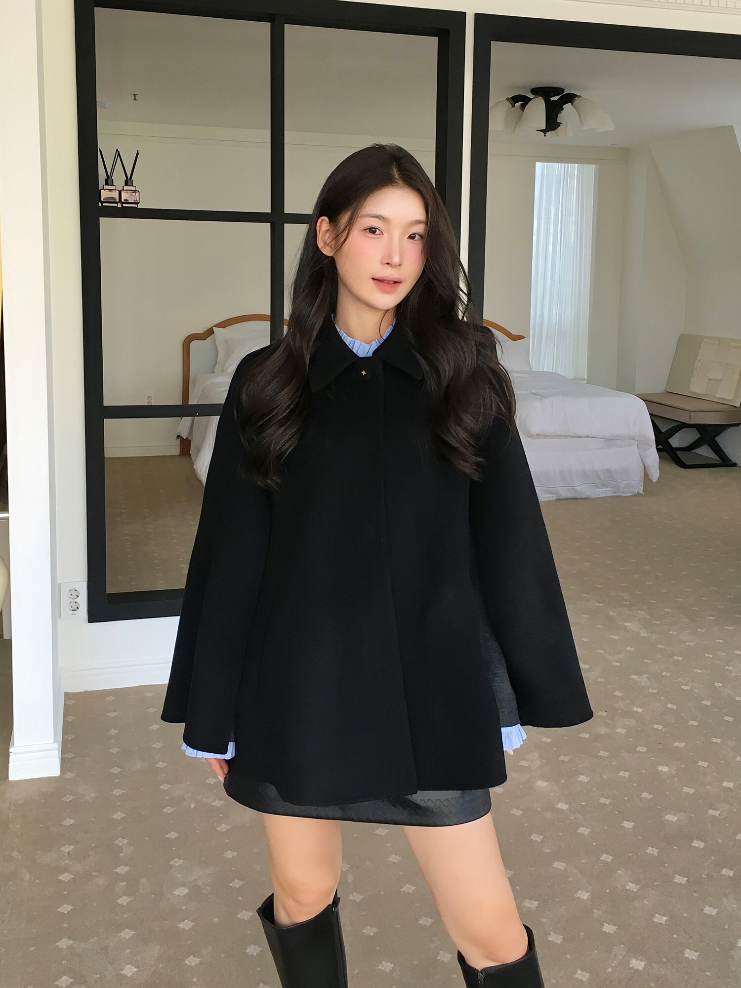울 케이프 하프 핸드메이드 코트 (BLACK)