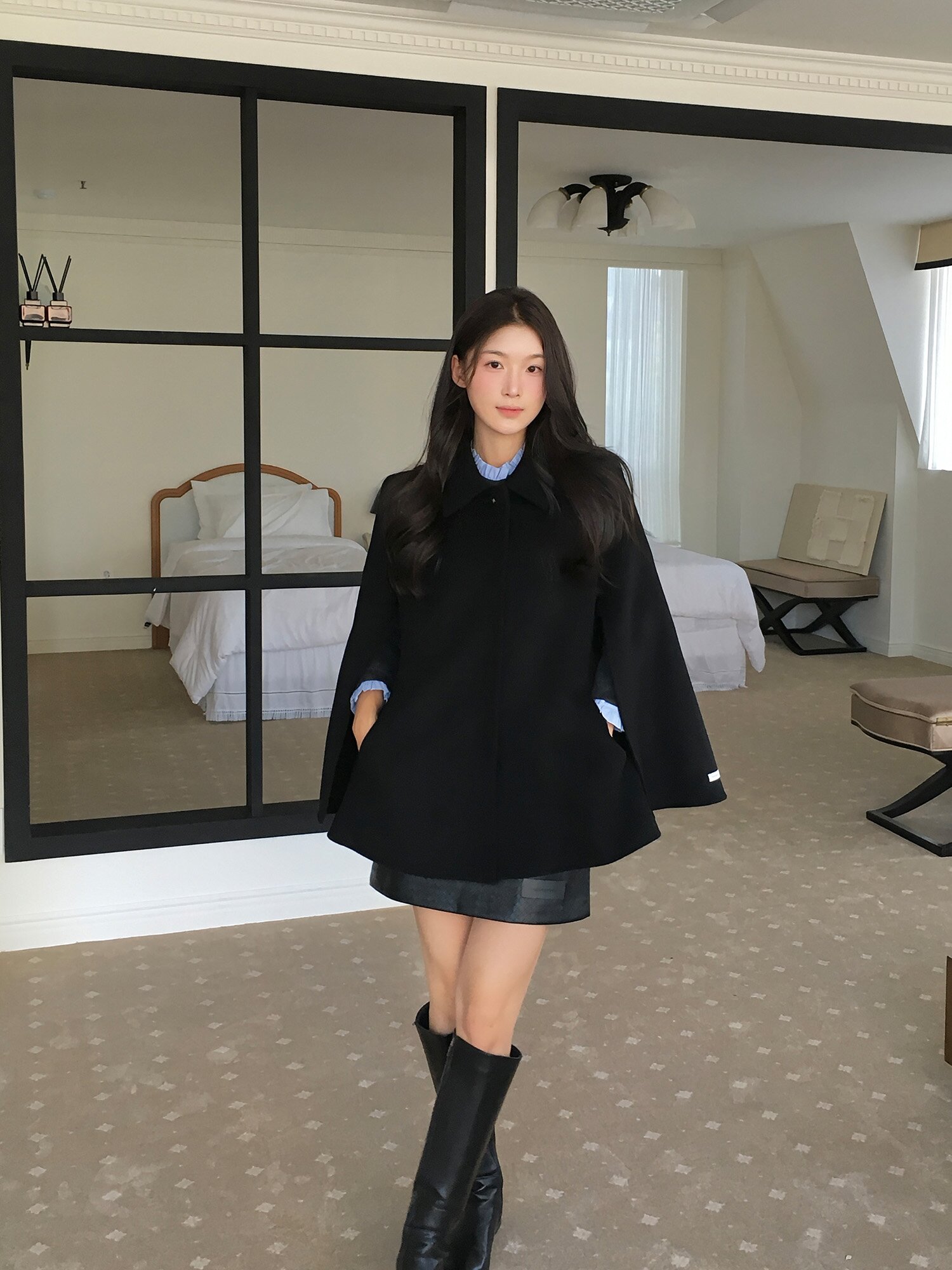 울 케이프 하프 핸드메이드 코트 (BLACK)