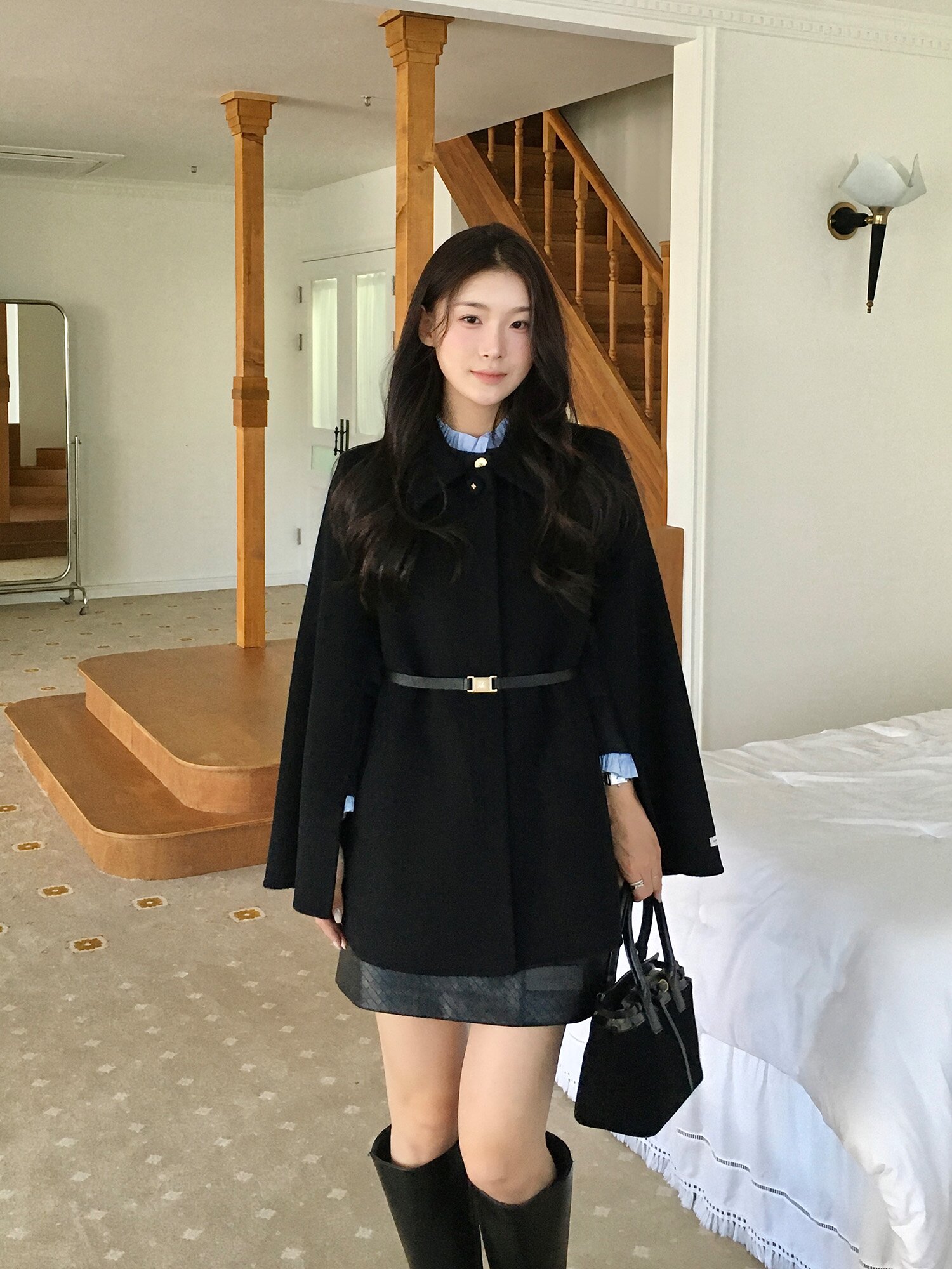 울 케이프 하프 핸드메이드 코트 (BLACK)