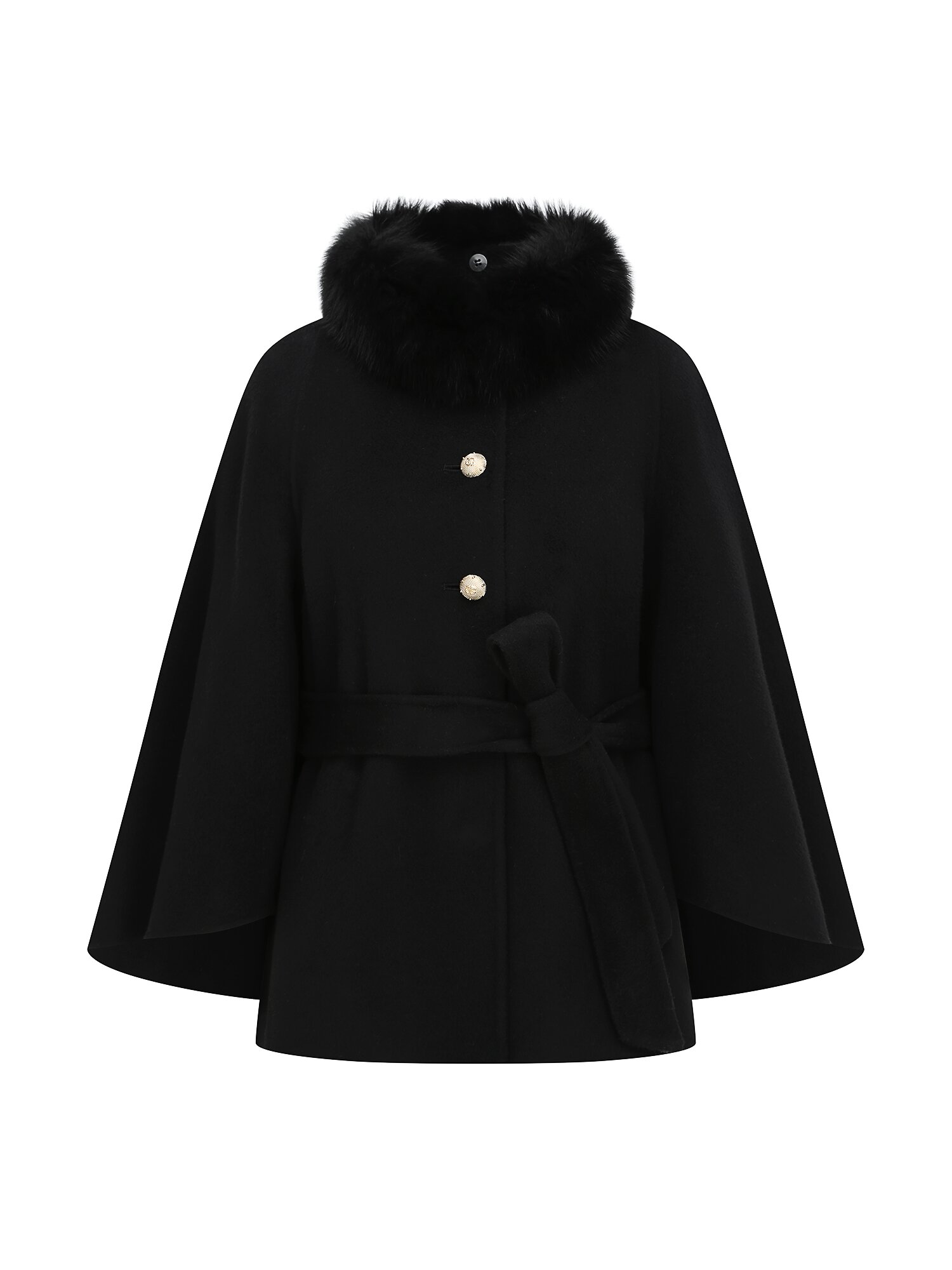 폭스퍼 칼라 울 하이넥 케이프 재킷 (BLACK)