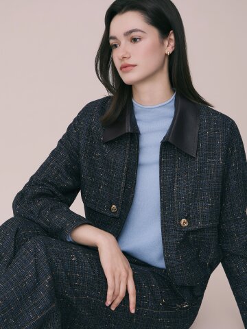 울 패널 집업 자켓 (CHECK NAVY)
