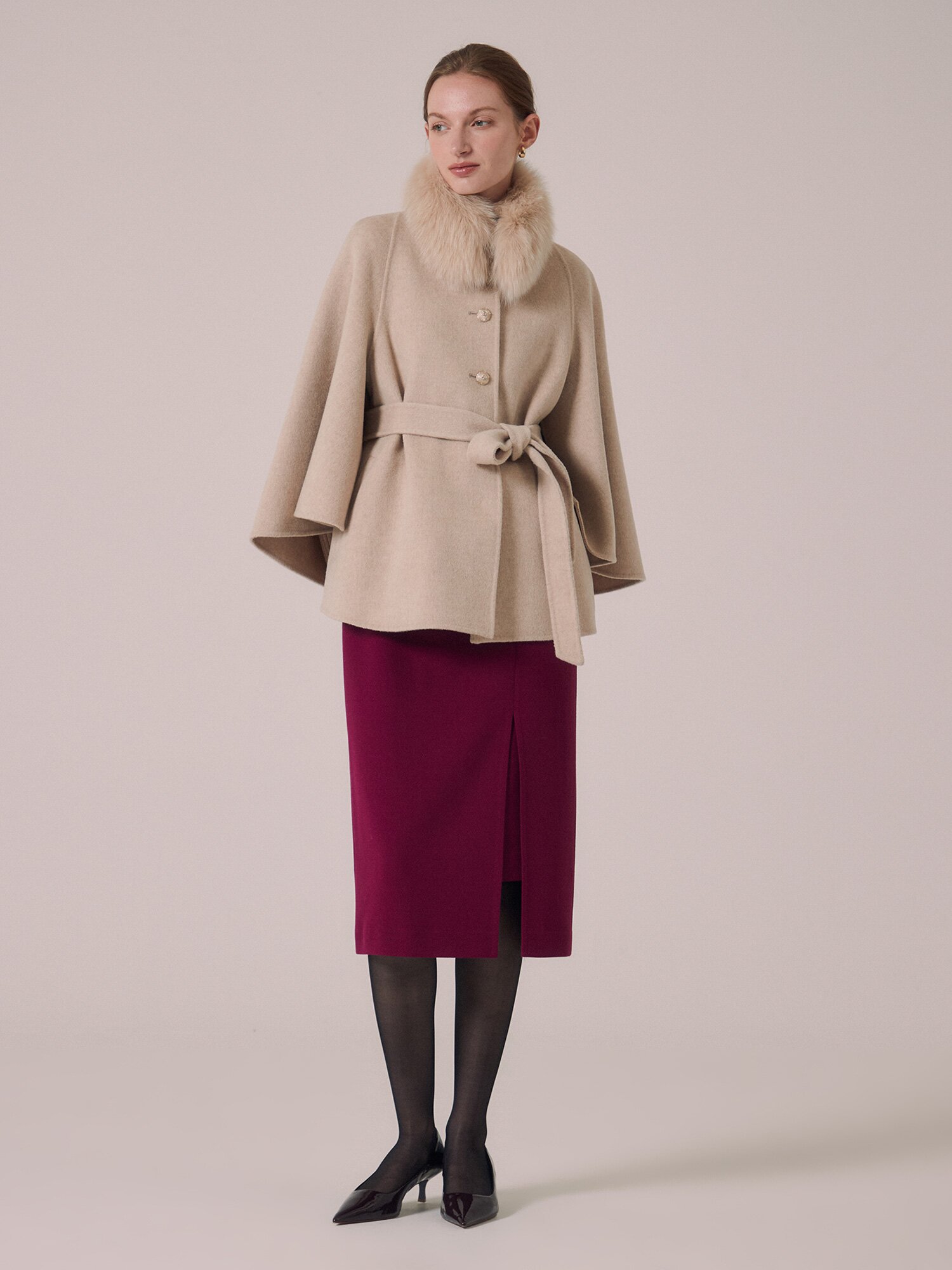 폭스퍼 칼라 울 하이넥 케이프 재킷 (MELANGE BEIGE)