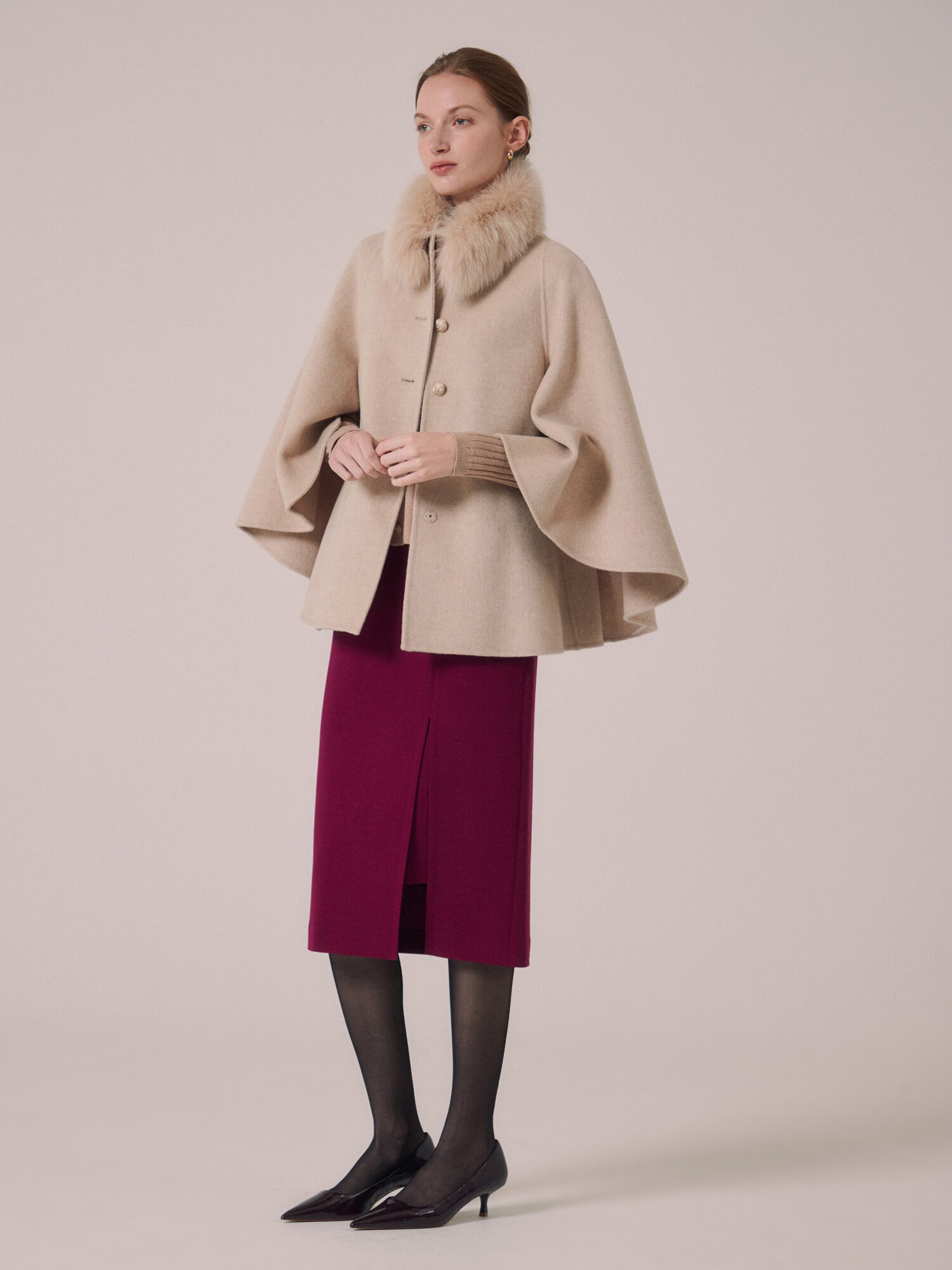 폭스퍼 칼라 울 하이넥 케이프 재킷 (MELANGE BEIGE)