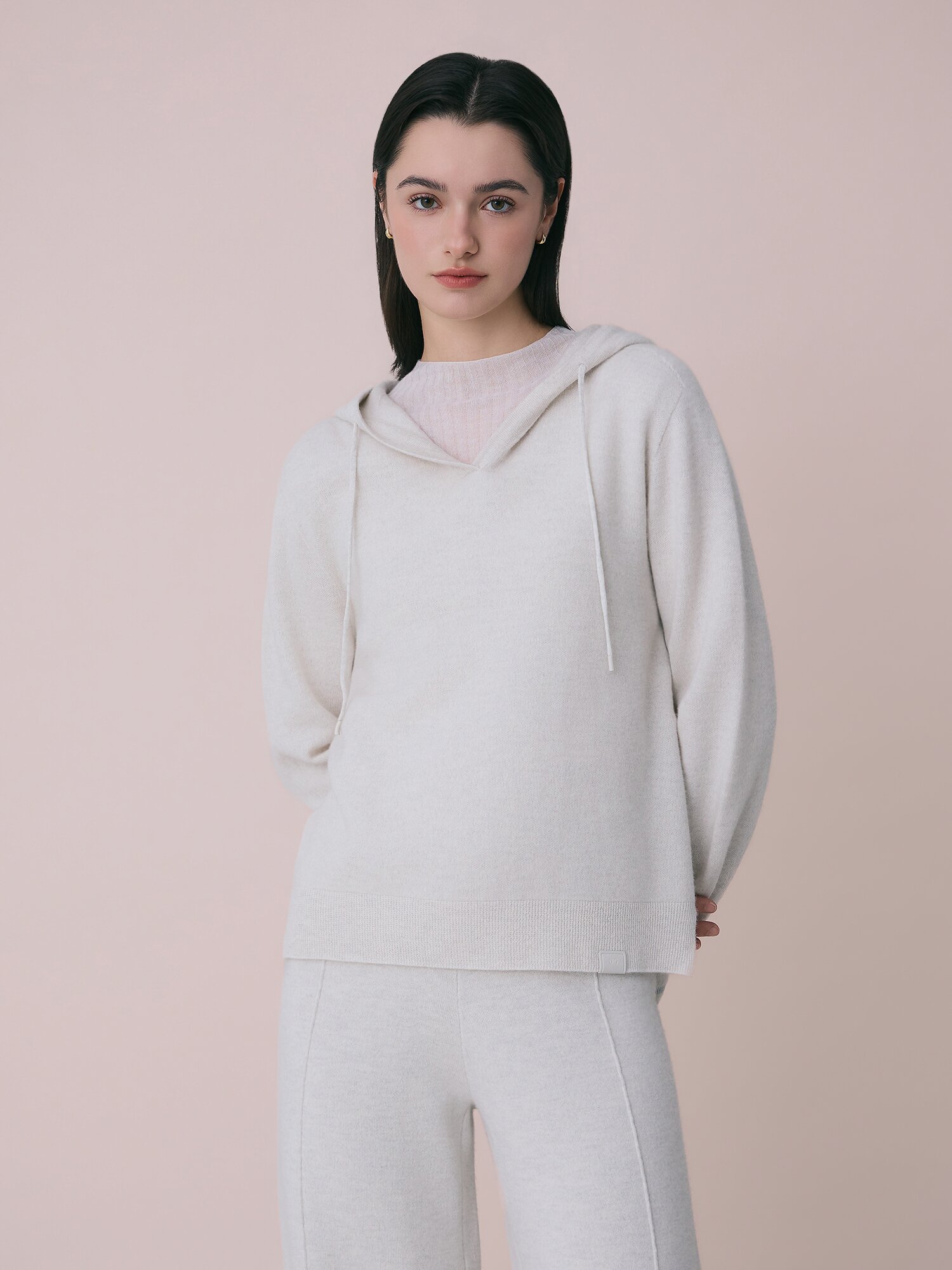 울 브이넥 후드 니트 (LIGHT GREY)