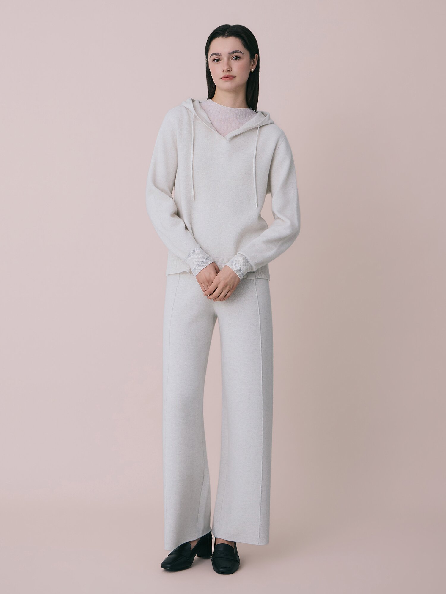 울 브이넥 후드 니트 (LIGHT GREY)