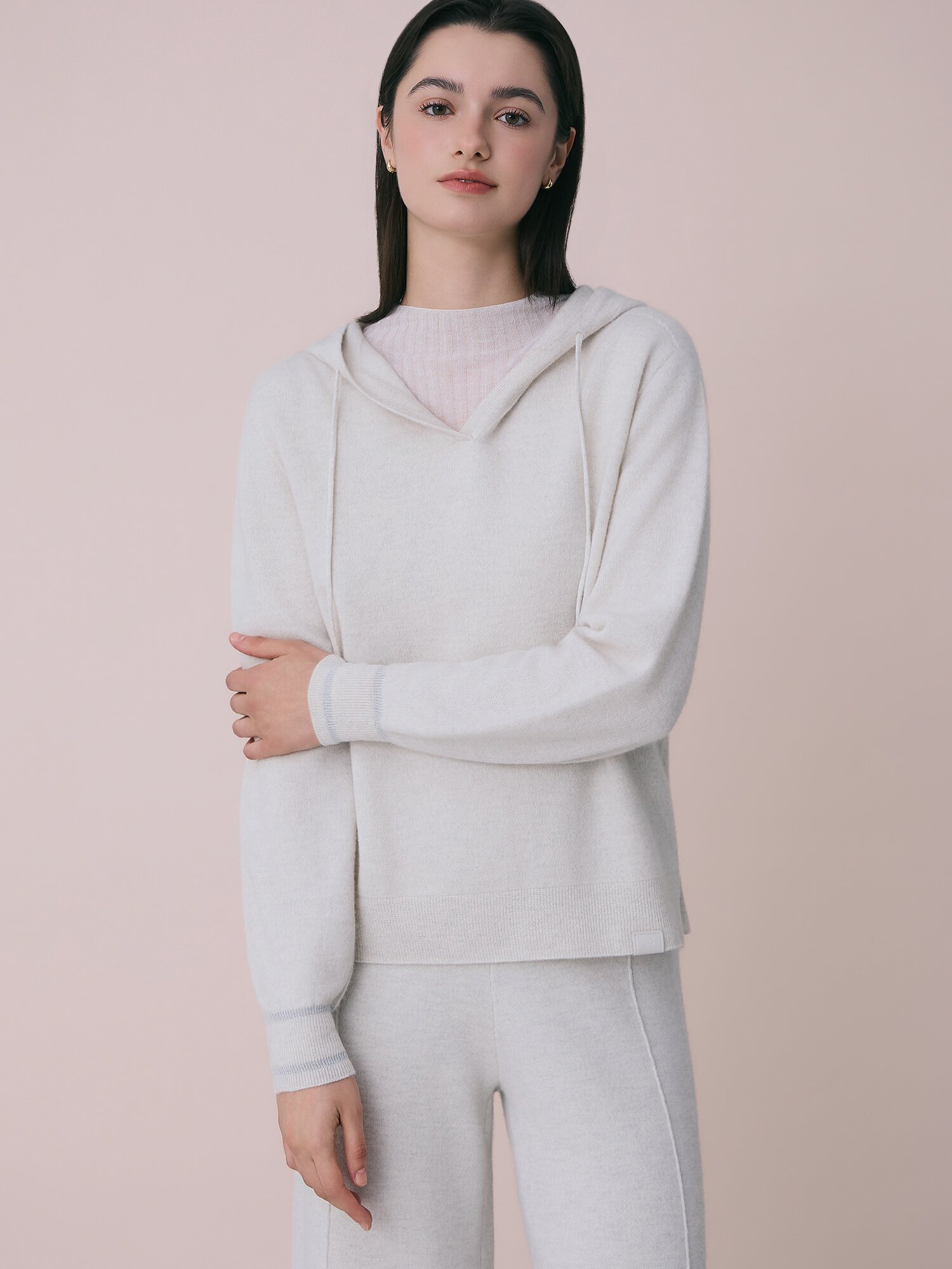 울 브이넥 후드 니트 (LIGHT GREY)