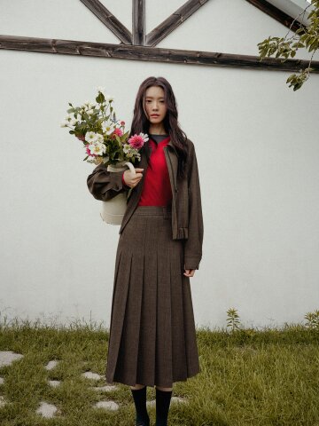 울 체크 플리츠 미디 스커트 