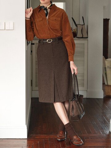 SR_Brown herringbone pleated skirt