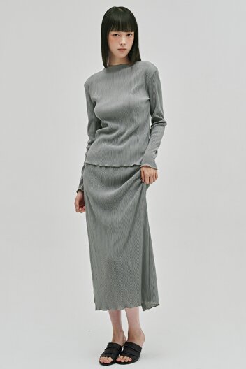 [세트] 플리츠 모크넥 롱슬리브 티셔츠 셋업 - 라이트 그레이 / Pleated Mock Neck Long Sleeve T-Shirt  Set Up - L.Gray