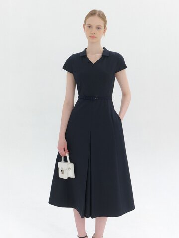 Open Stand-Collar Flare Long Dress / Navy(2color).
