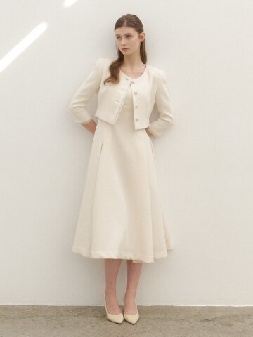 [SET] CALLA Chiffon Trimmed Jacket & Sleeveless Flare Dress / Ivory.