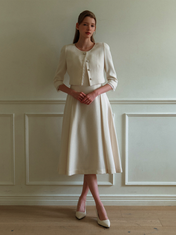 [SET] CALLA Chiffon Trimmed Jacket & Sleeveless Flare Dress / Ivory.