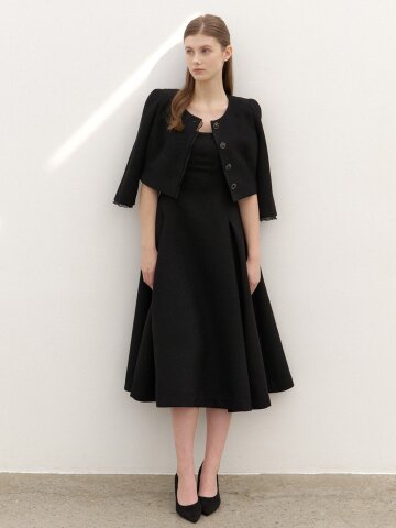 [SET] CALLA Chiffon Trimmed Jacket & Sleeveless Flare Dress / Black.
