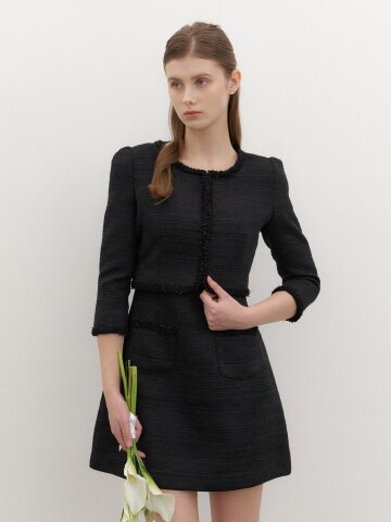 [SET] LILAC Tweed Trimmed Jacket & Sleeveless Mini Dress / Black.