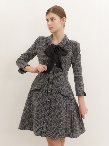 [스카프 제공] Tweed Chiffon-Trim Midi Dress / Check(3Color).