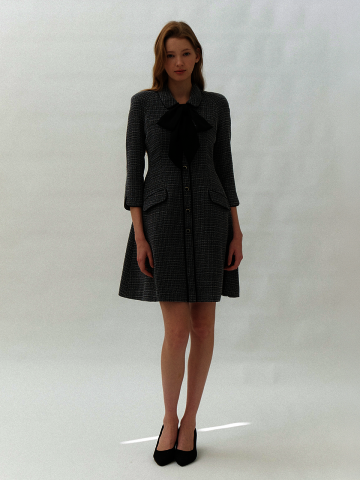 [스카프 제공] Tweed Chiffon-Trim Midi Dress / Check(3Color).
