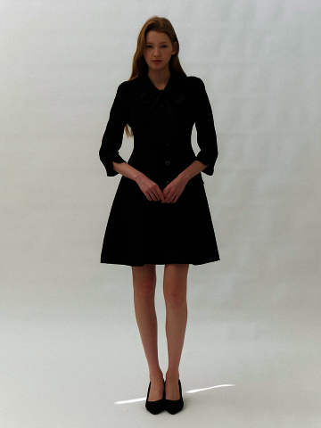 [스카프 제공] Tweed Chiffon-Trim Midi Dress / Black(3Color).