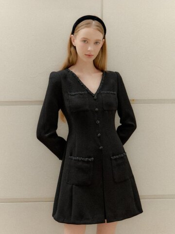 Tweed Pleats Trim Mini-Dress / Black(2color).