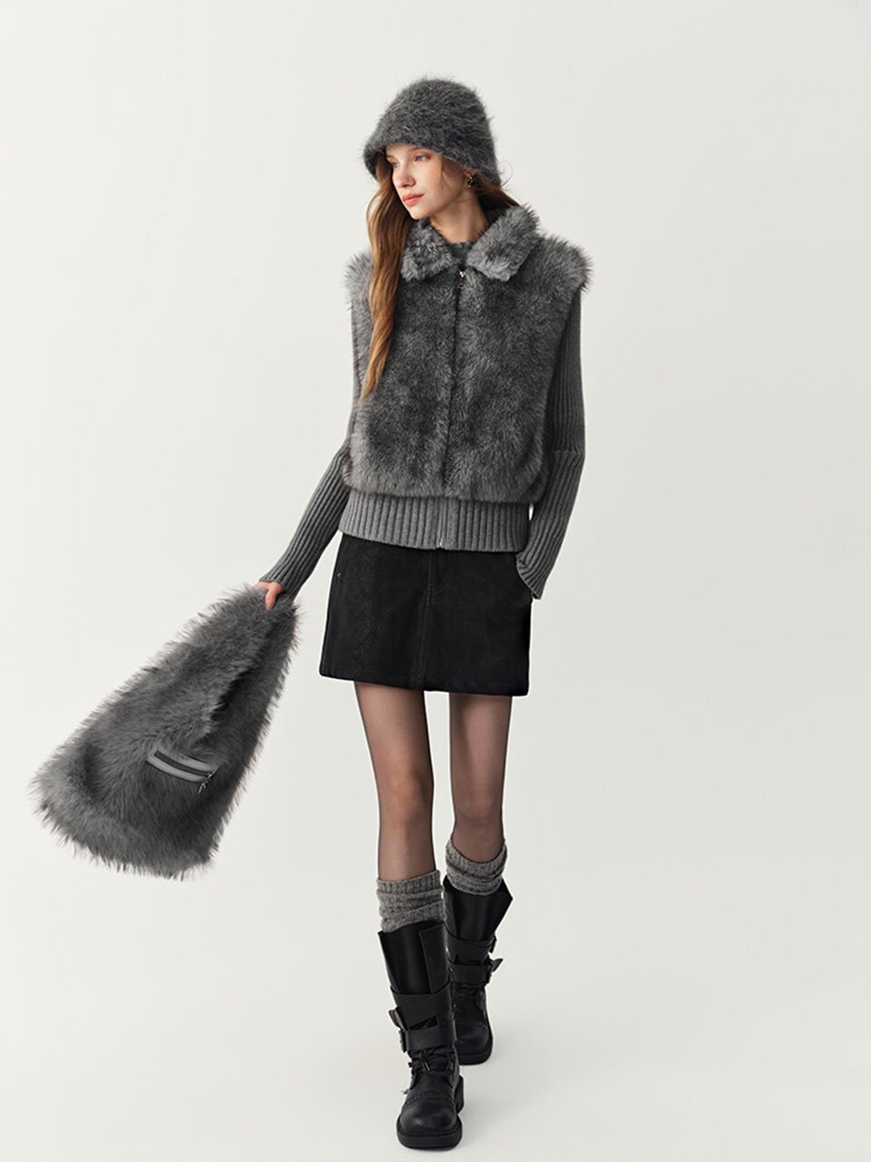 WD_Faux fur front knit jacket