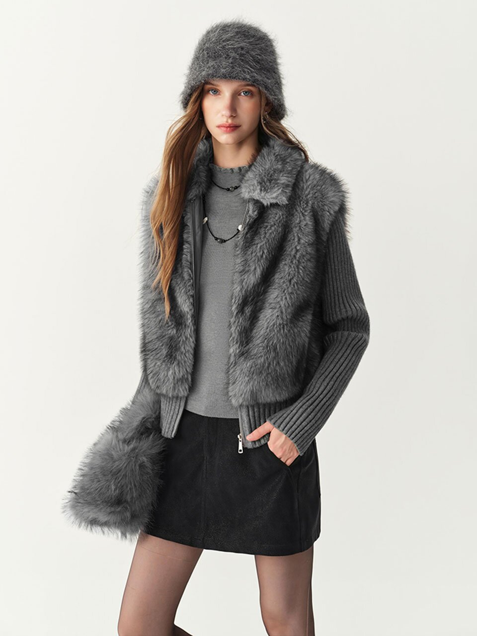 WD_Faux fur front knit jacket