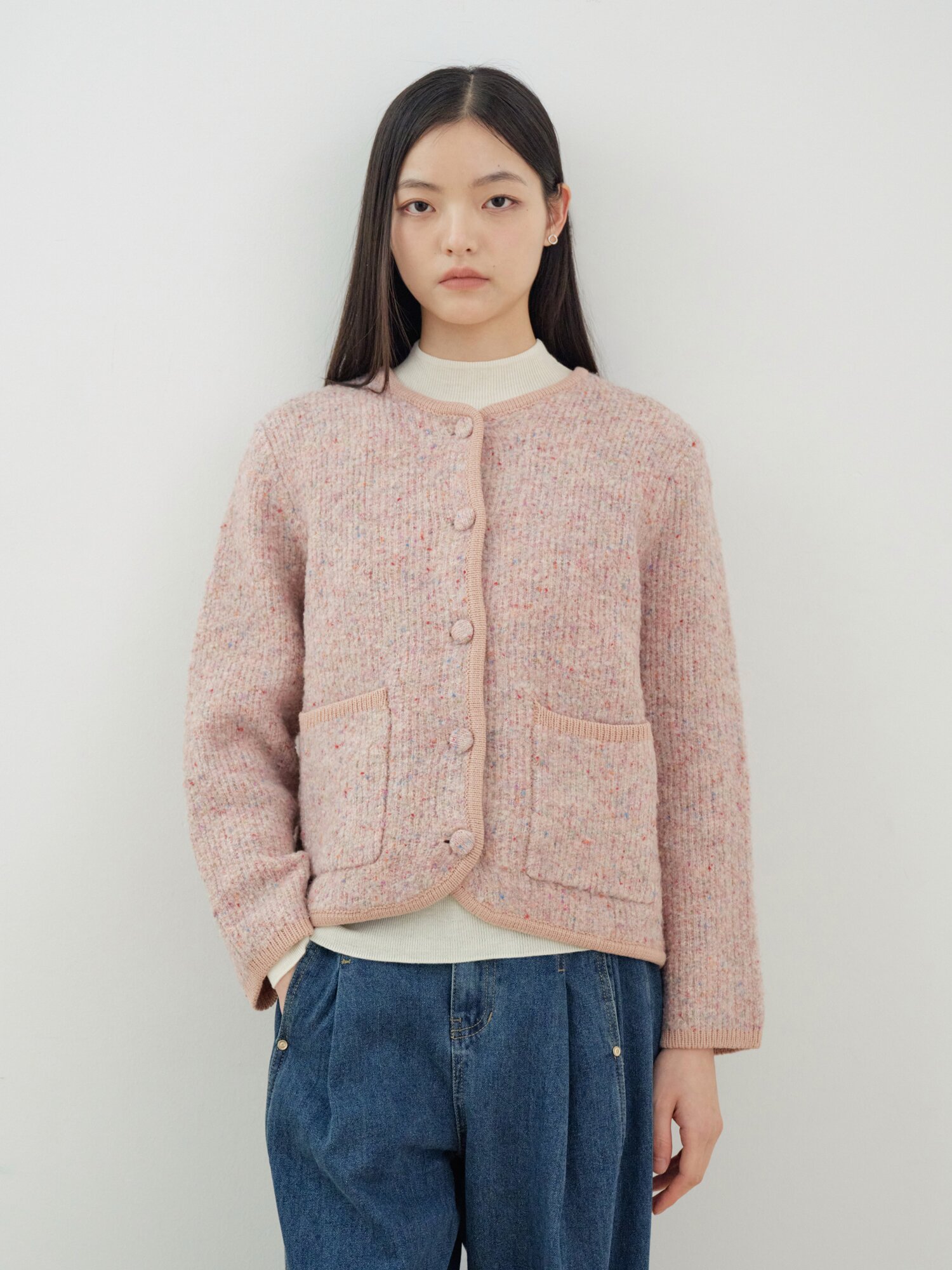 라운드넥 포켓 가디건 (PINK)