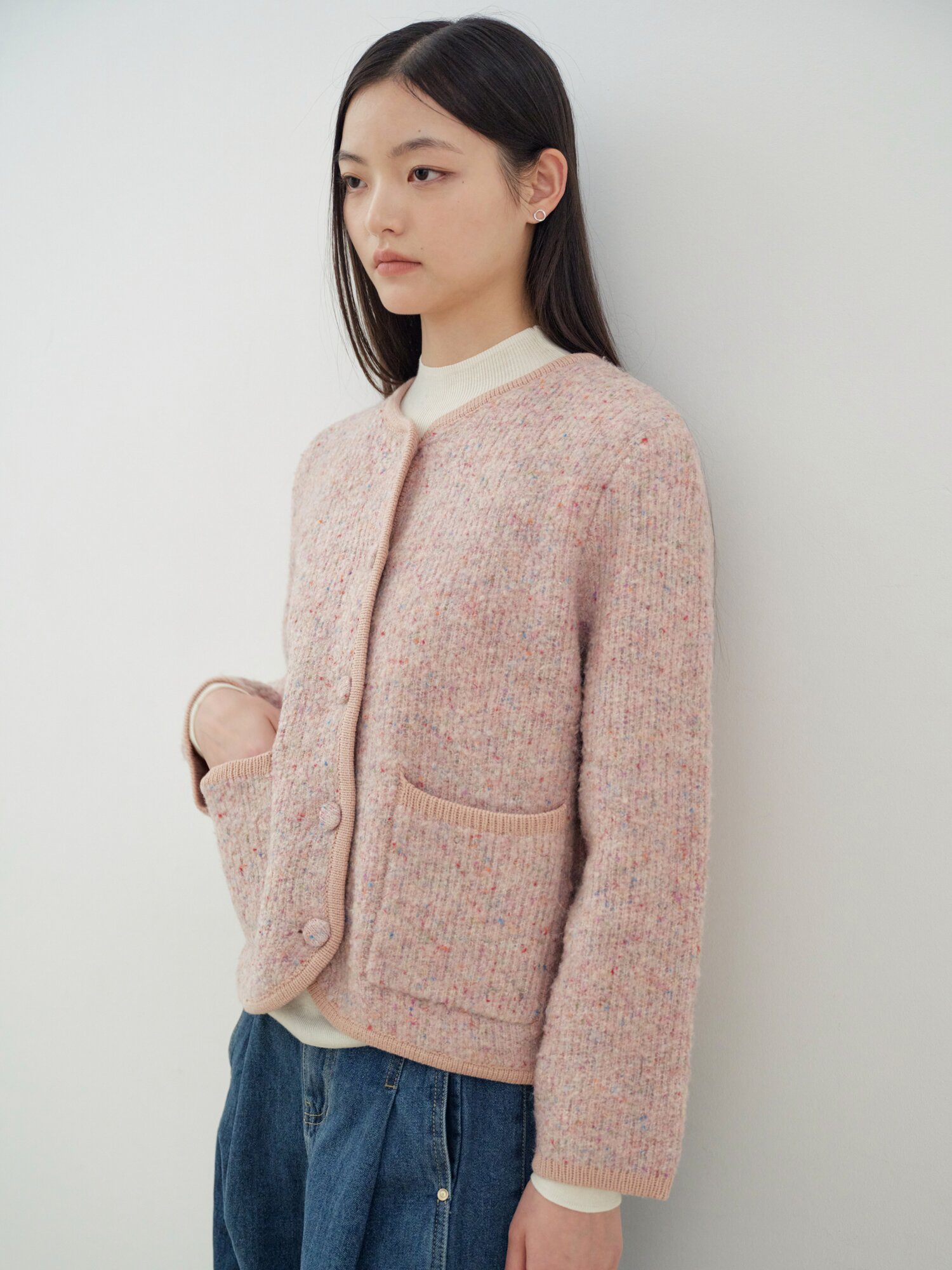 라운드넥 포켓 가디건 (PINK)