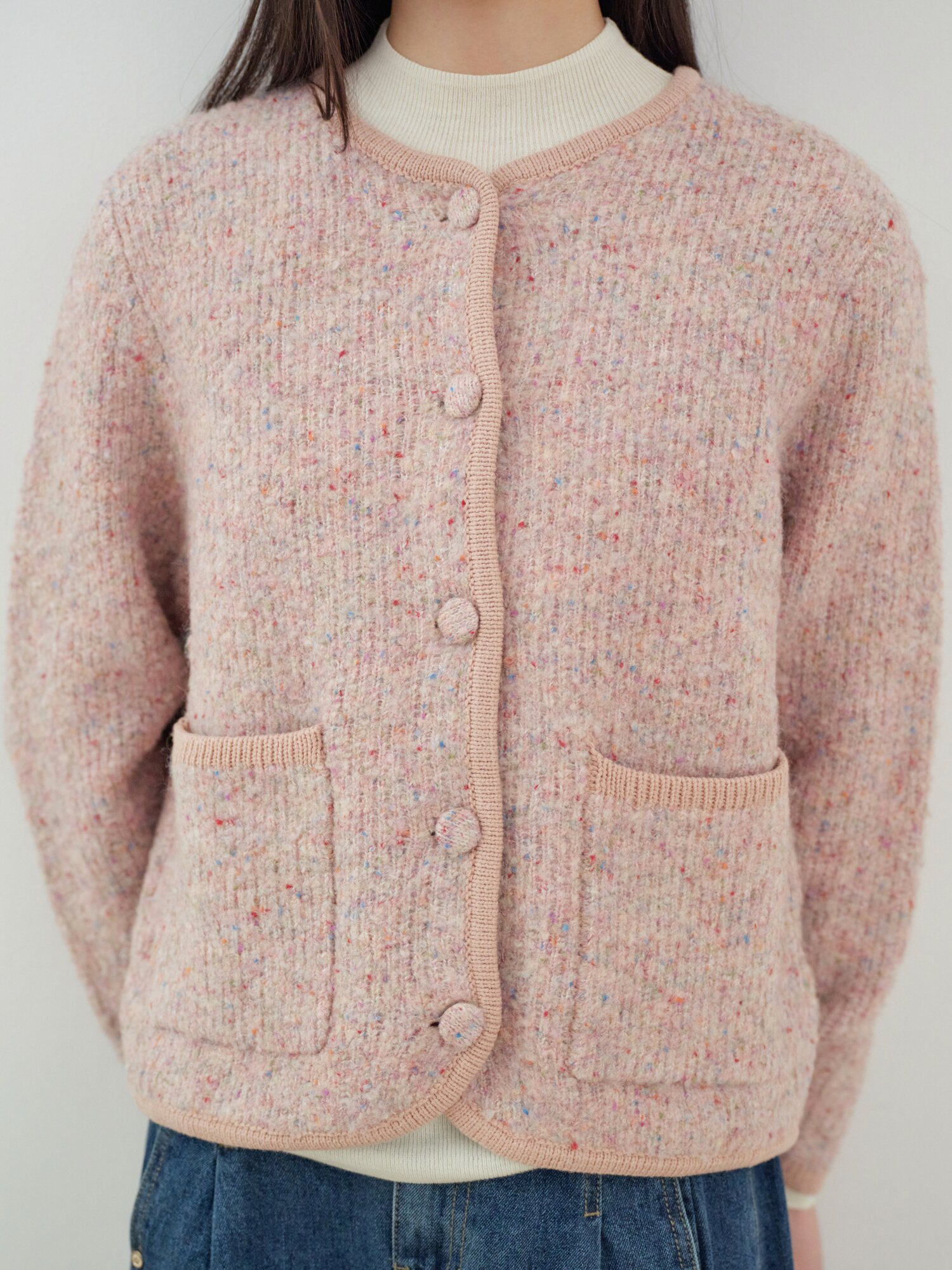 라운드넥 포켓 가디건 (PINK)