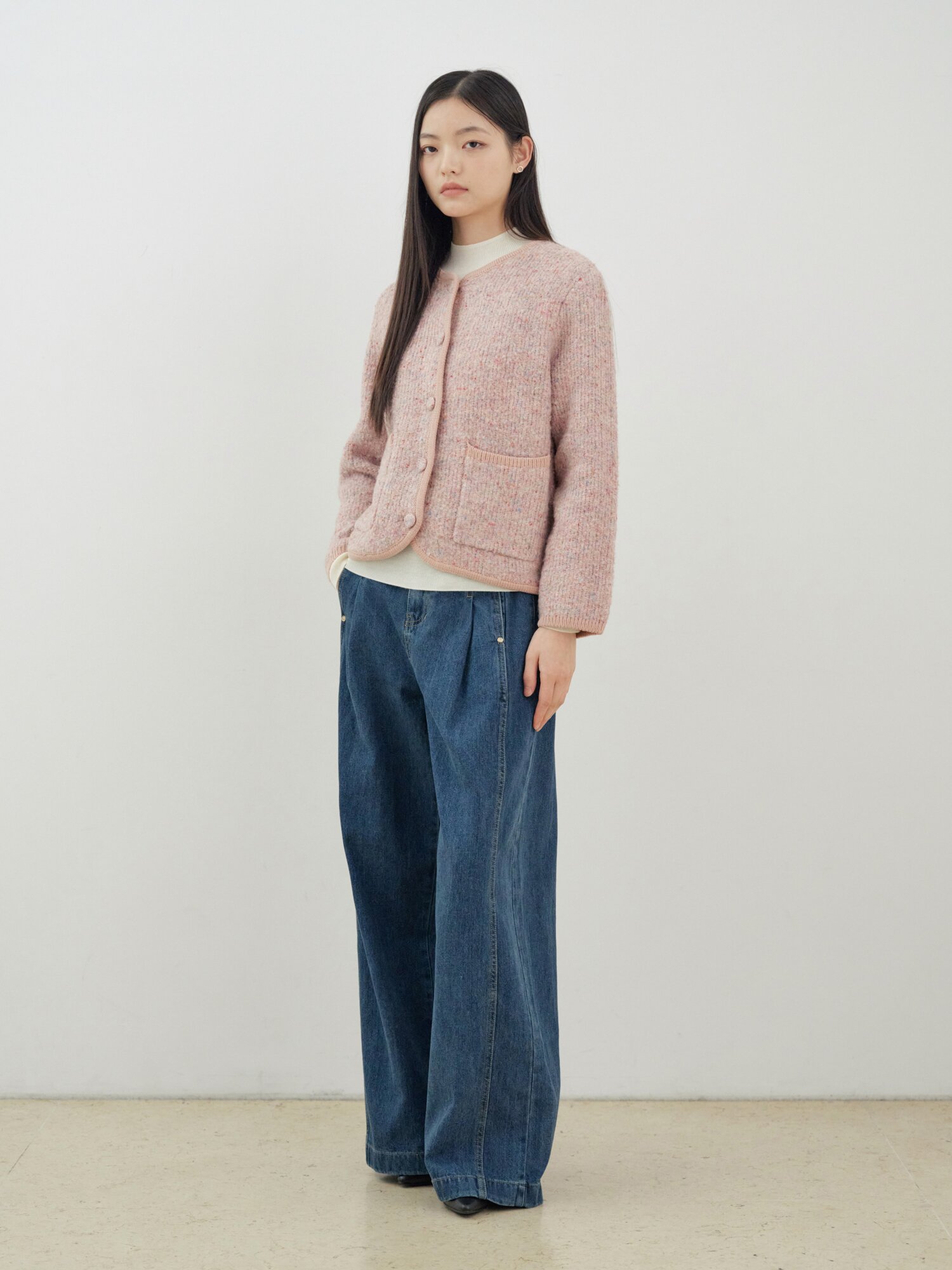 라운드넥 포켓 가디건 (PINK)