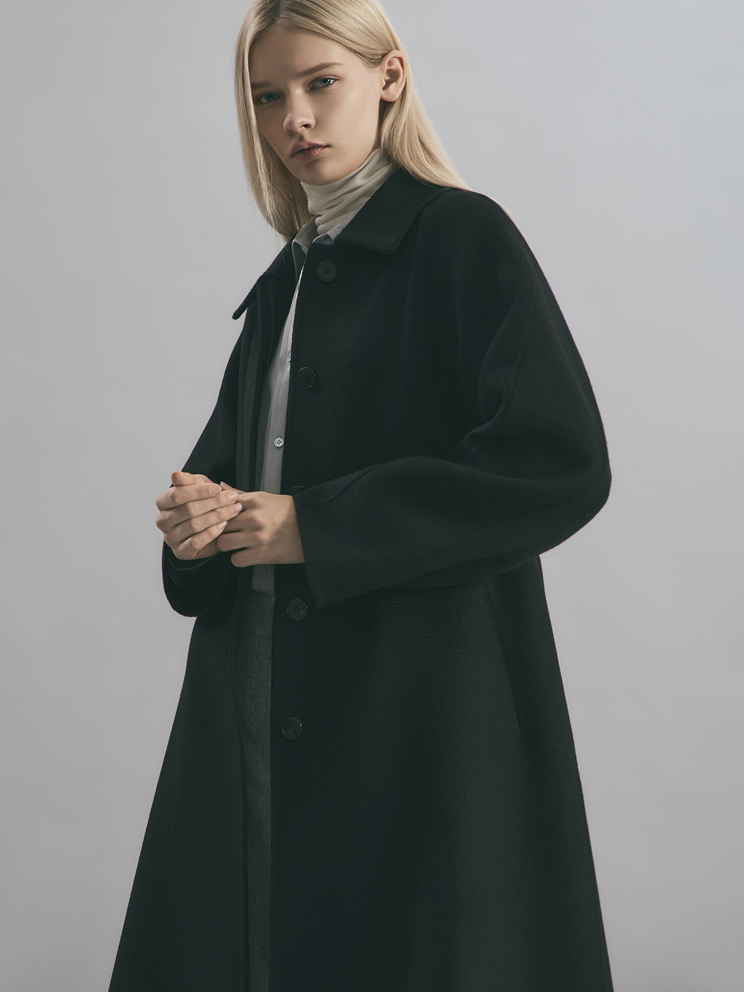 캐시미어 벨티드 히든 롱 코트 (BLACK)