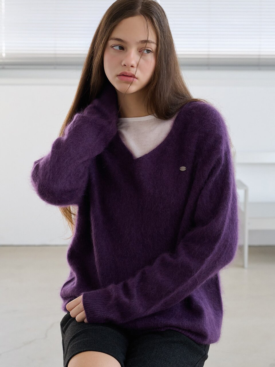 Deep v neck hairy cashmere knit_4 Colors