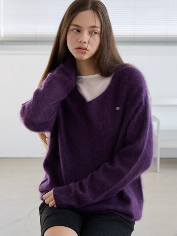 Deep v neck hairy cashmere knit_4 Colors