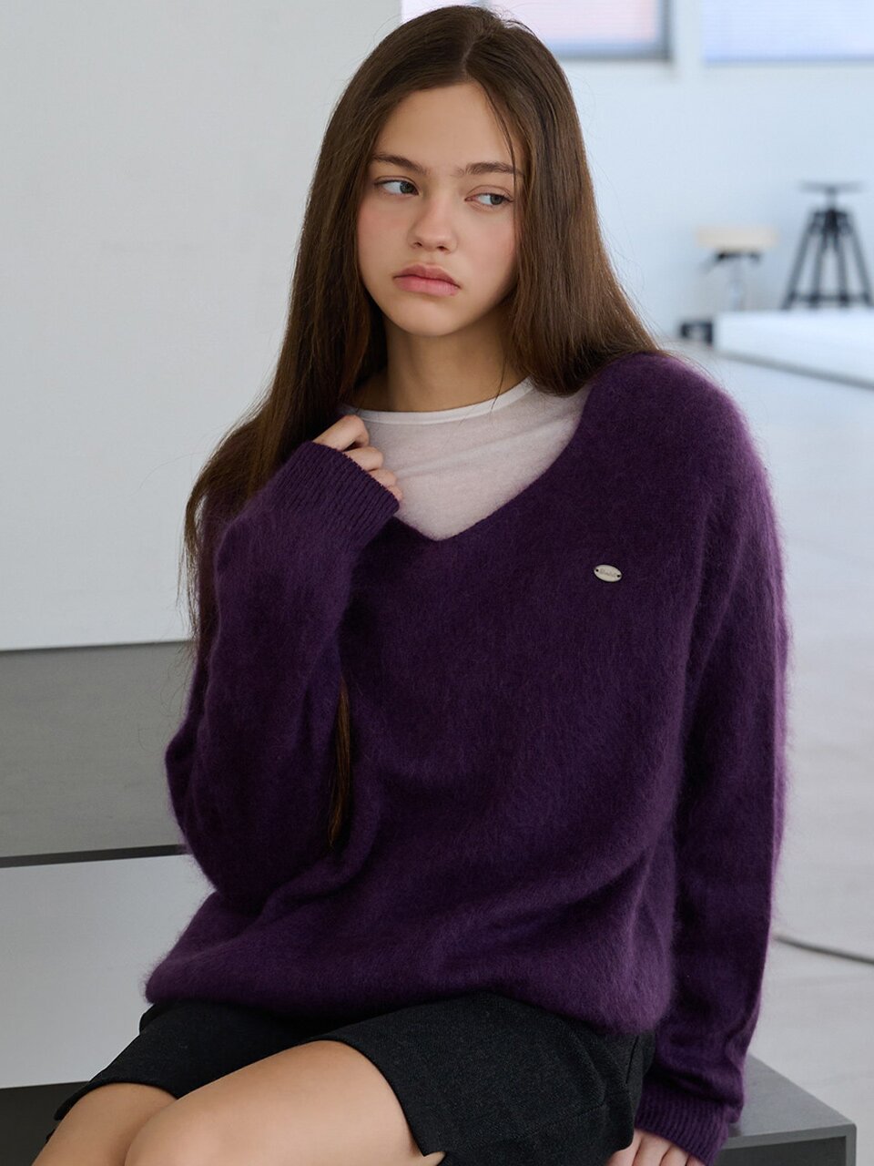 Deep v neck hairy cashmere knit_4 Colors