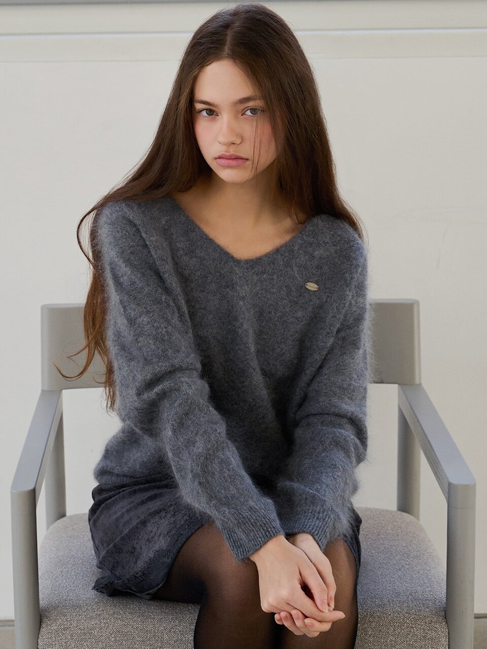 Deep v neck hairy cashmere knit_4 Colors