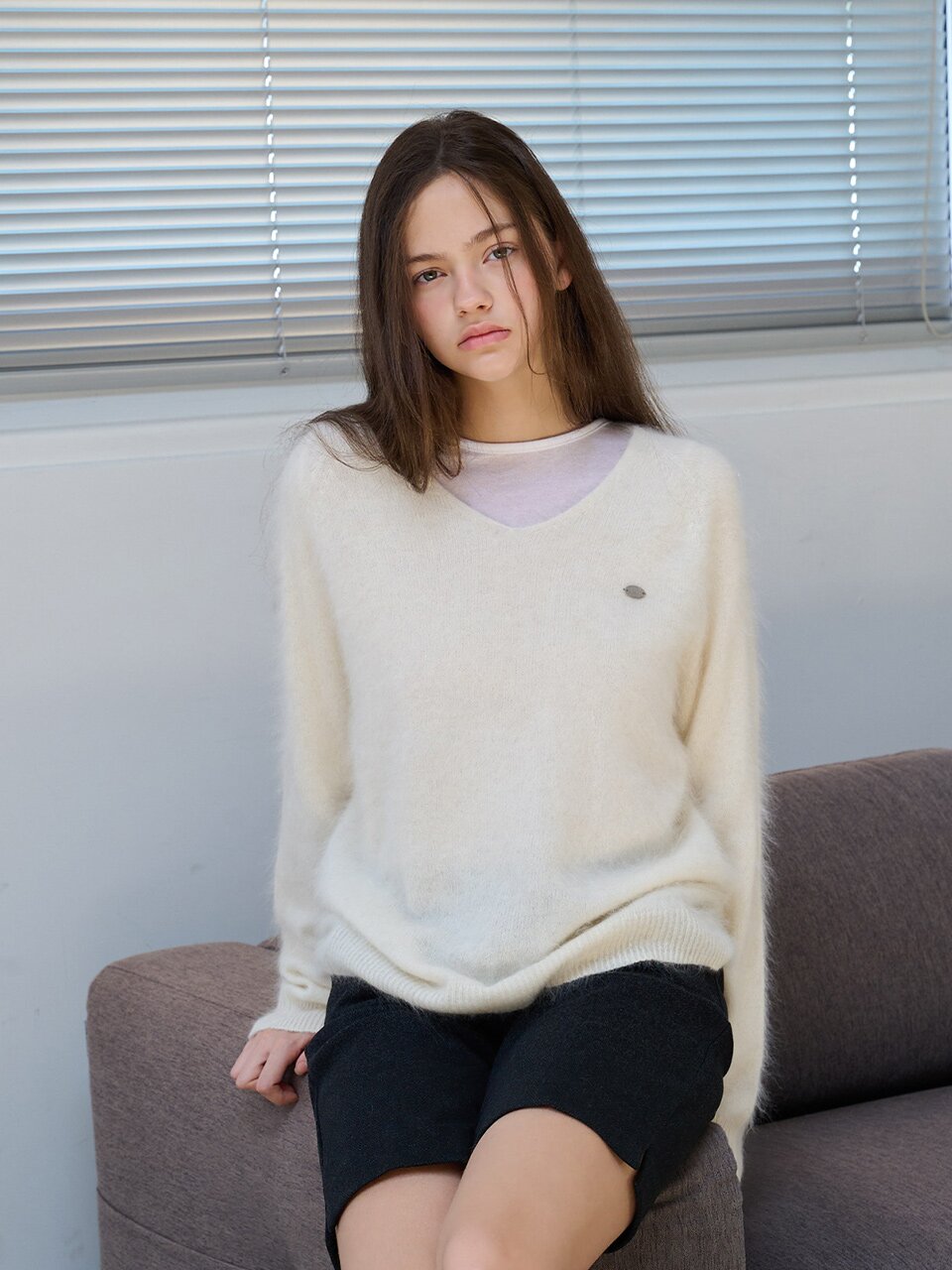Deep v neck hairy cashmere knit_4 Colors