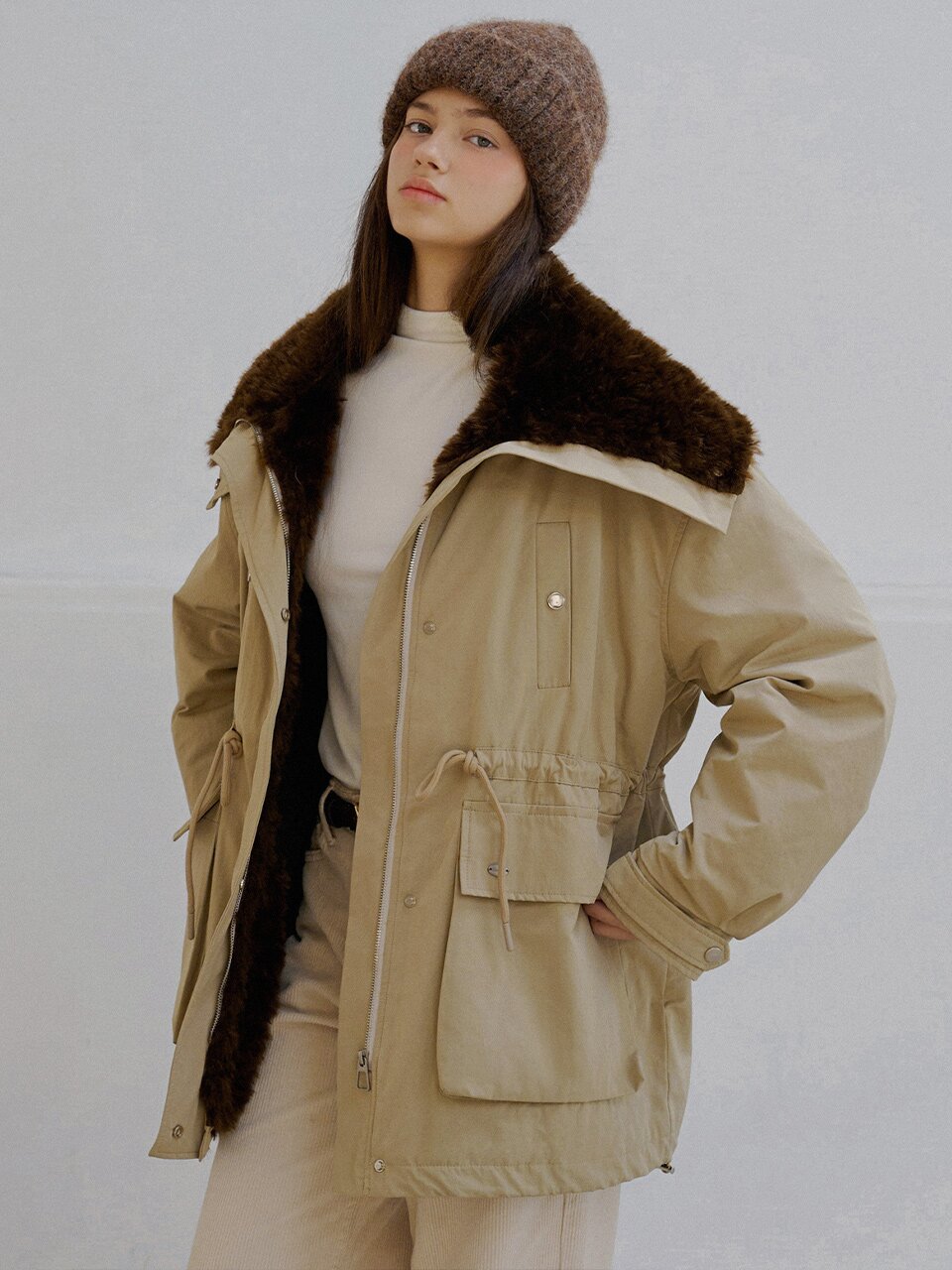 Fur collar field padding jumper_2 Colors