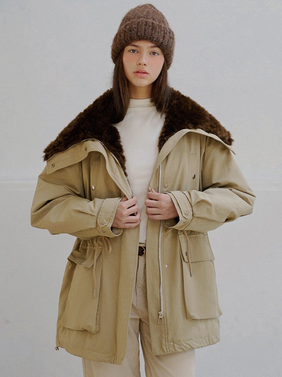 Fur collar field padding jumper_2 Colors