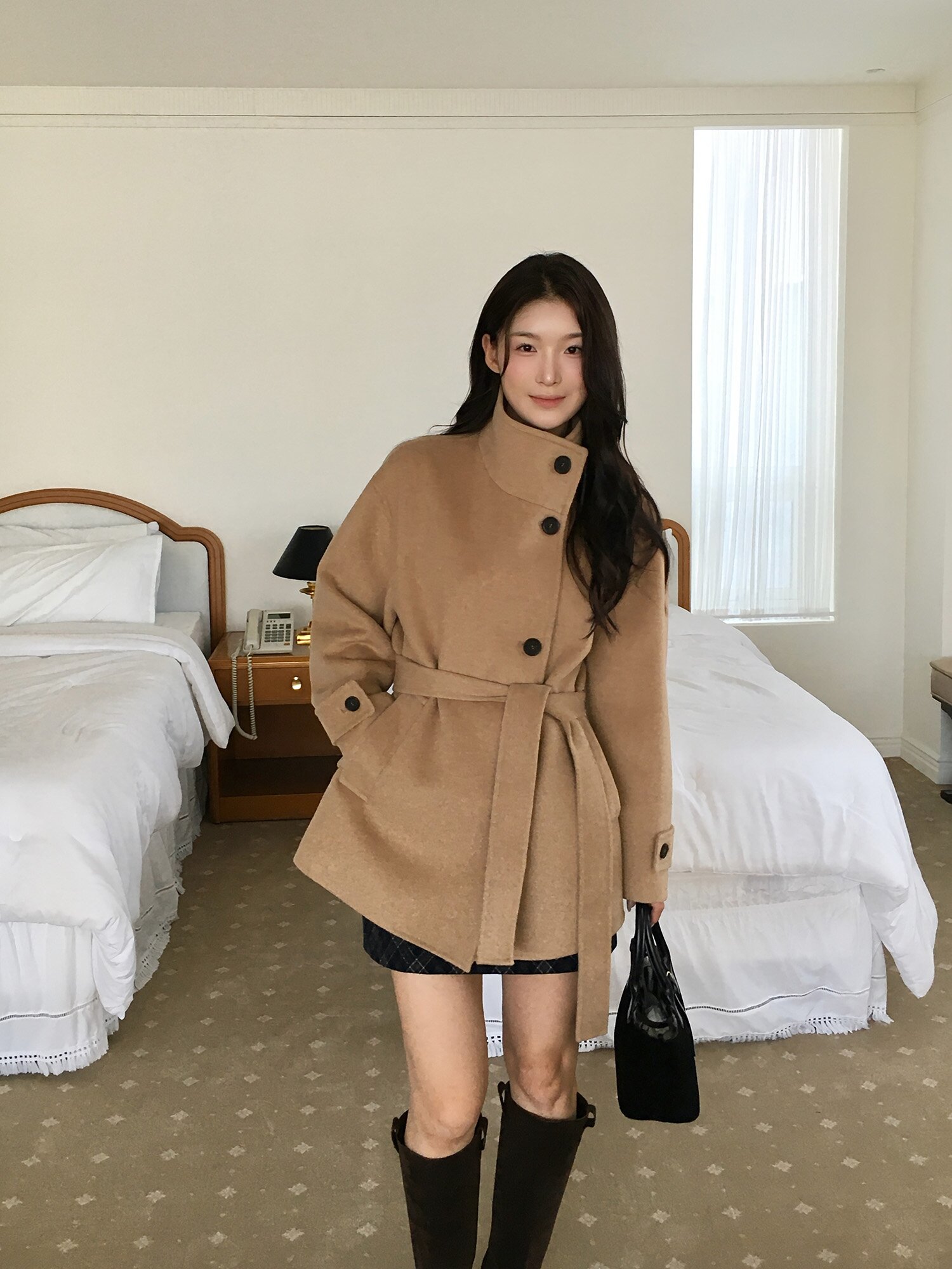 밸티드 하이넥 캐시미어 하프코트 (CAMEL)